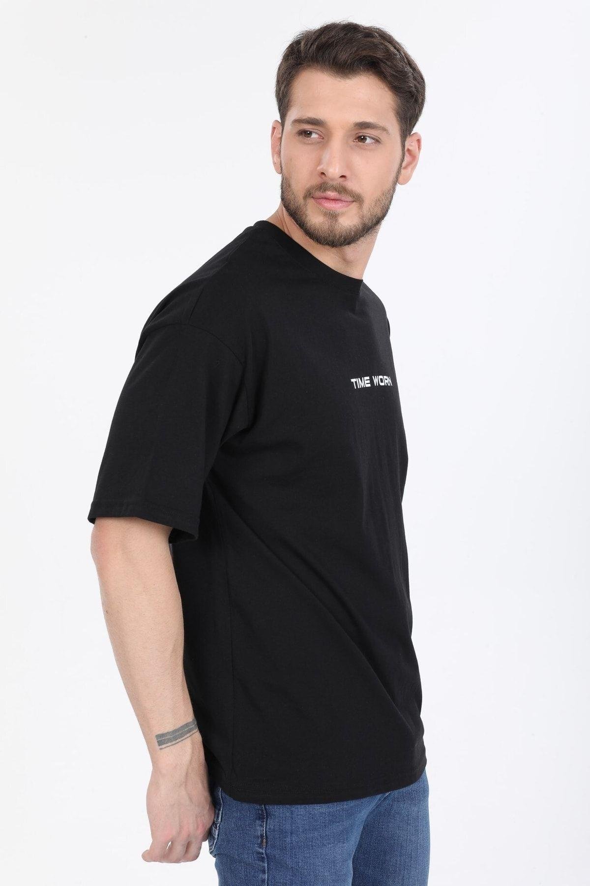 Time Worn Yazılı Siyah T-shirt