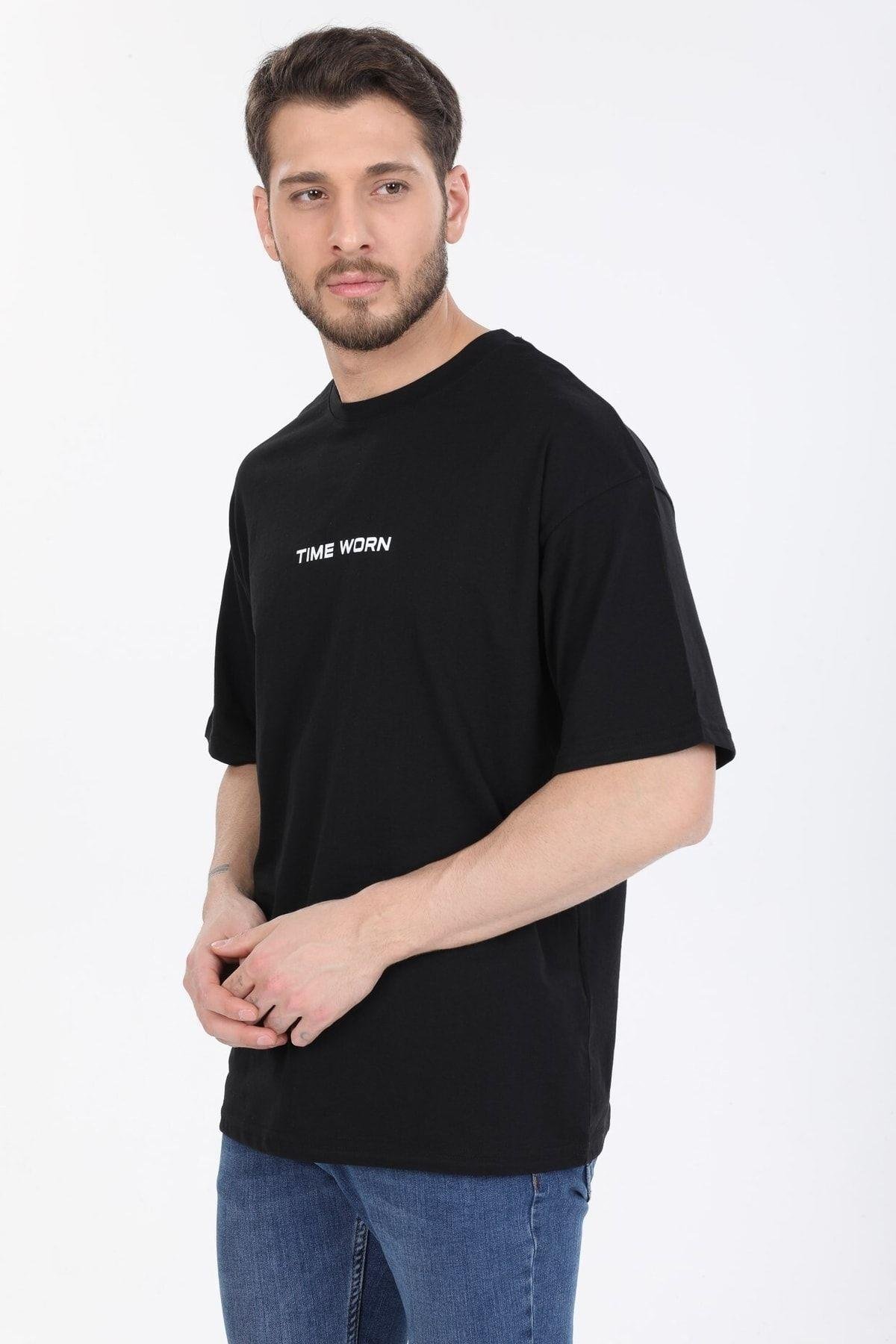 Time Worn Yazılı Siyah T-shirt