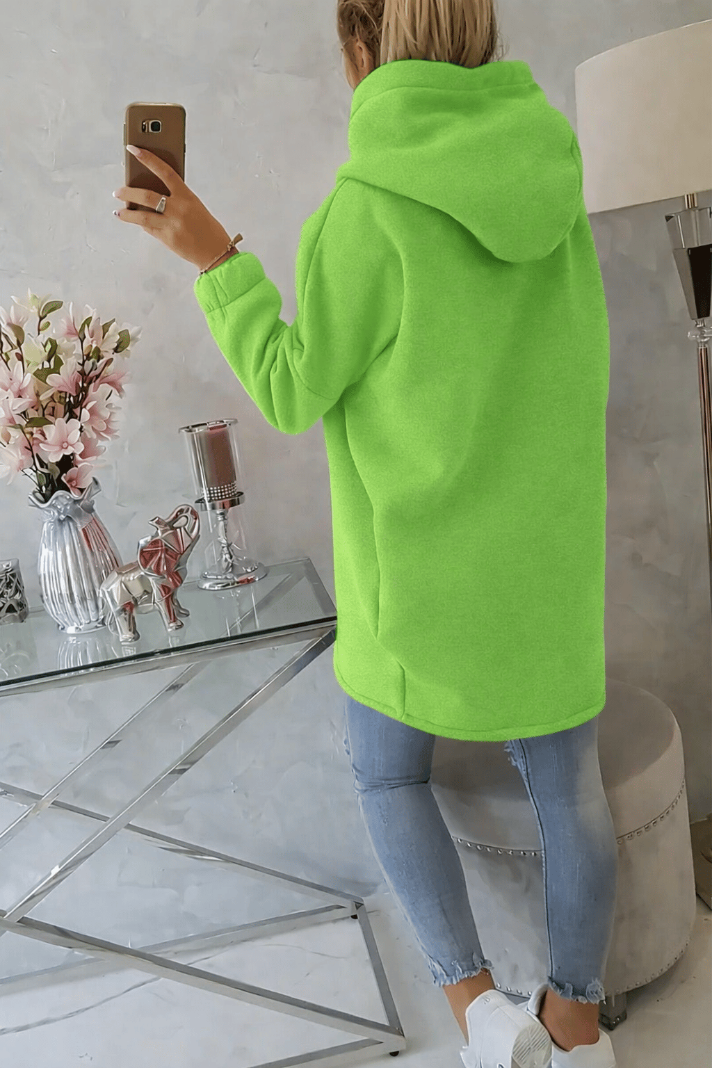 Yeşil Kadın Asimetrik Fermuarlı Oversize Kapüşonlu Sweatshirt – Kalın Kumaş – Rahat Günlük Tarz