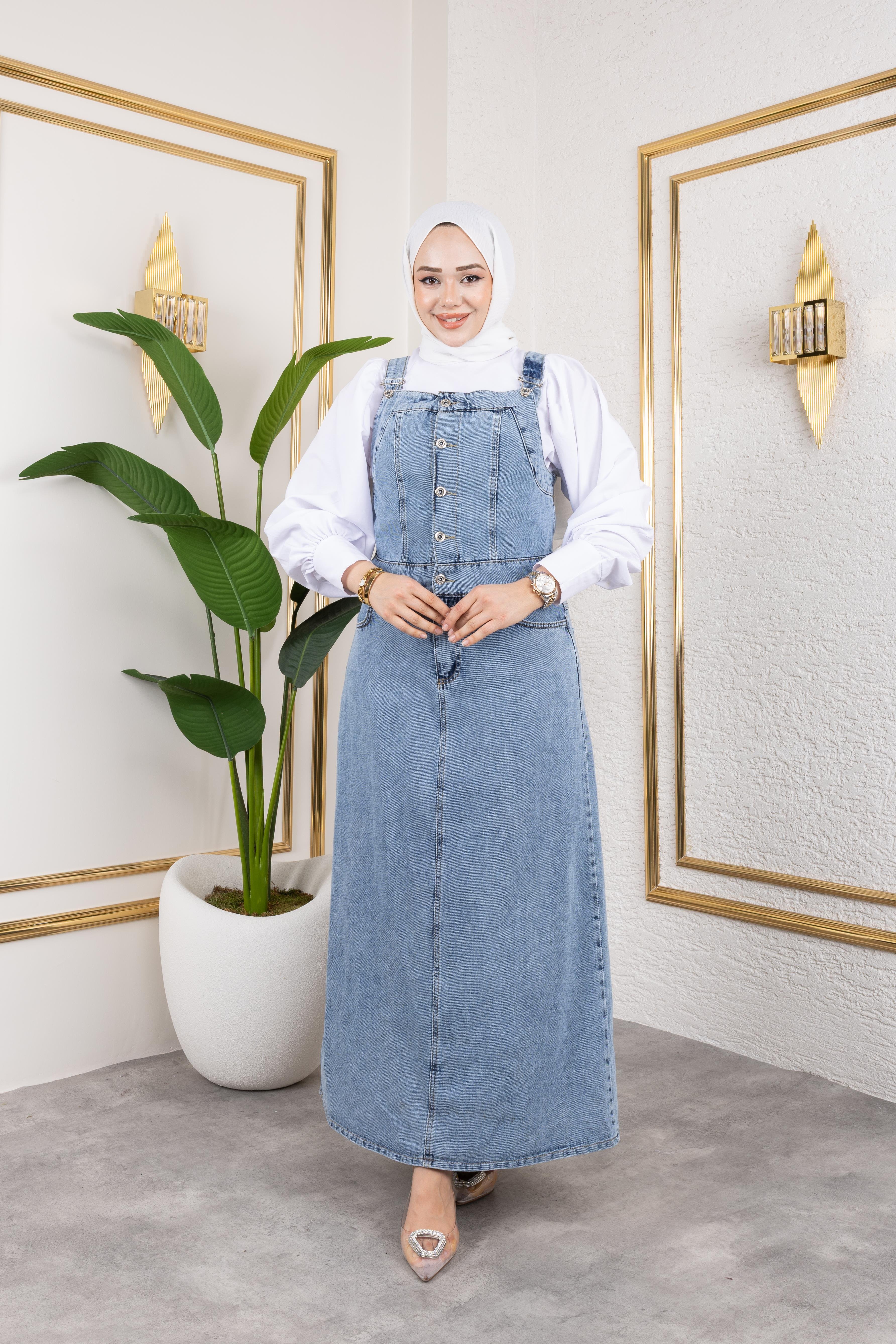 Askılı Düğmeli Kot Salopet Mavi