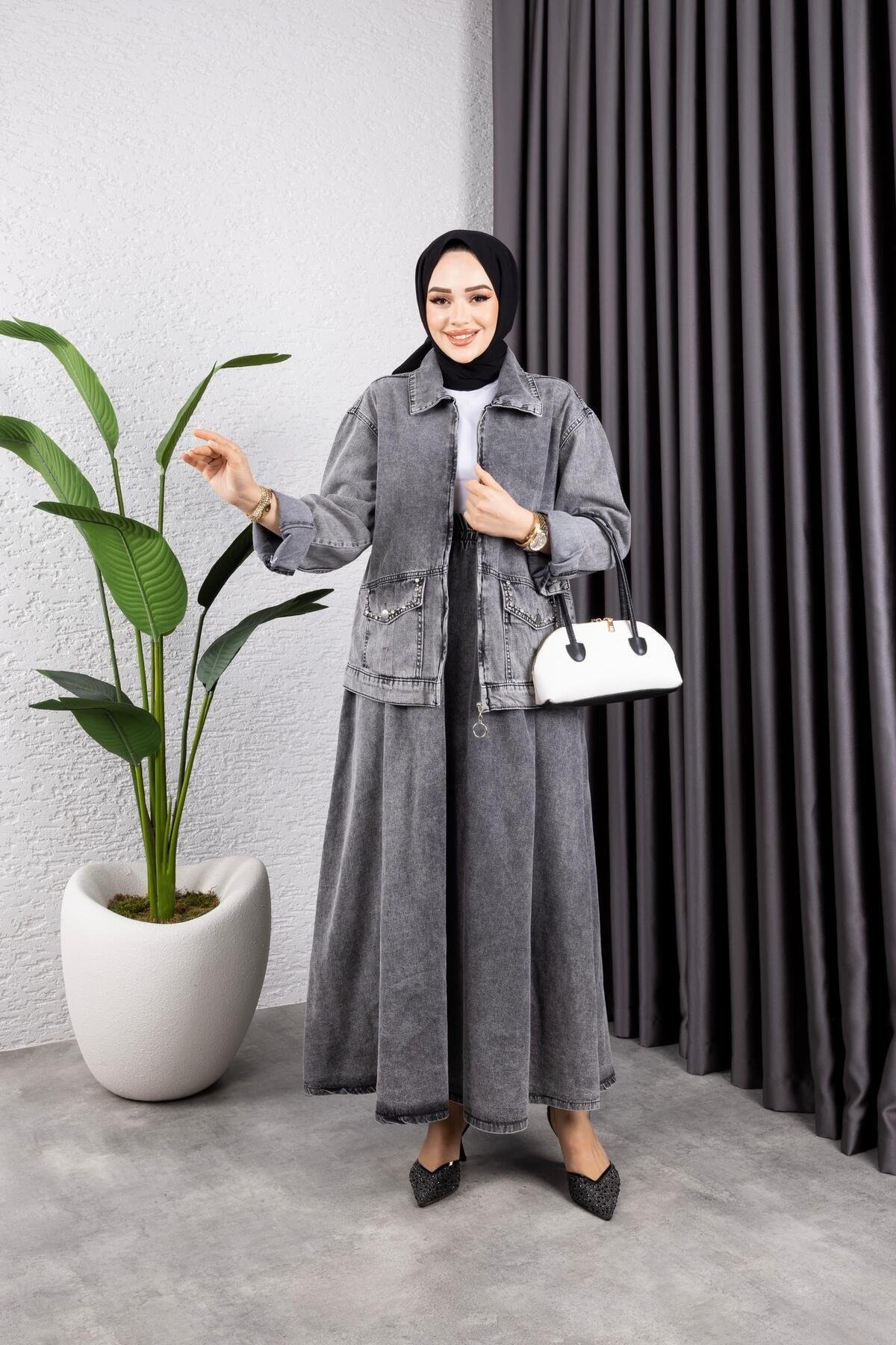 KADIN 2Lİ TAKIM KOT CEKET VE BELİ LASTİKLİ ETEK