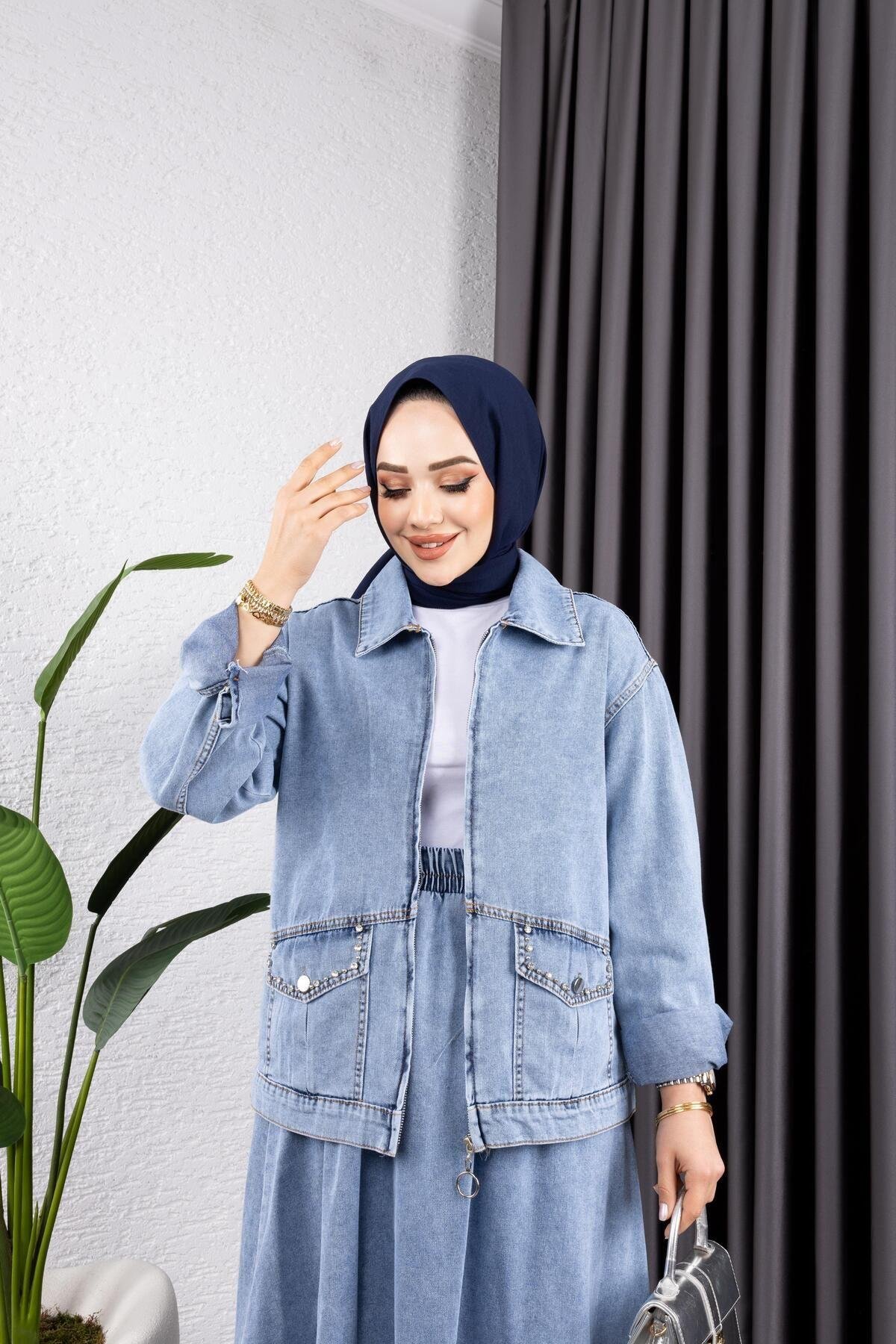 KADIN 2Lİ TAKIM KOT CEKET VE BELİ LASTİKLİ ETEK