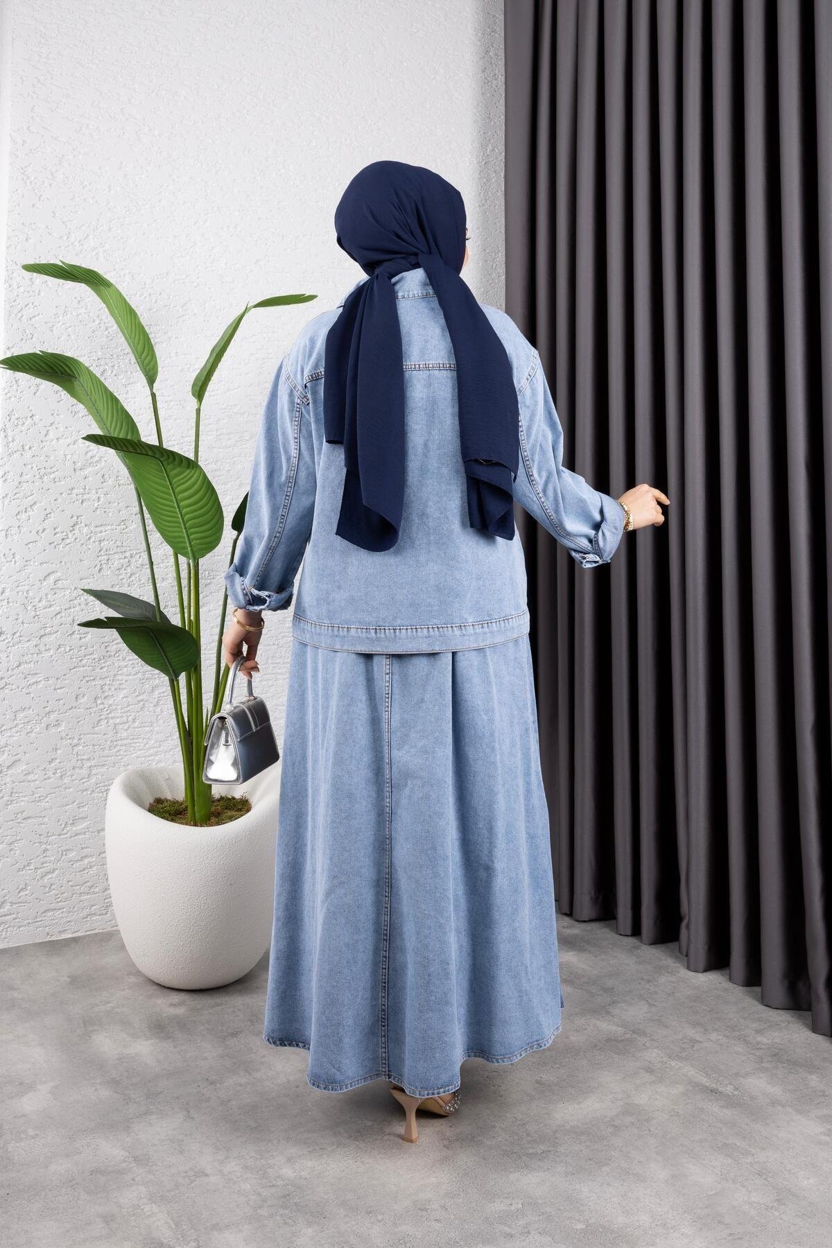 KADIN 2Lİ TAKIM KOT CEKET VE BELİ LASTİKLİ ETEK