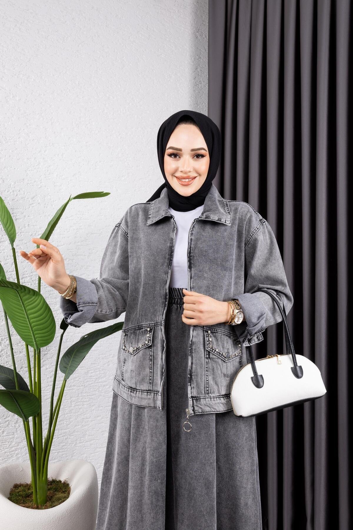 KADIN 2Lİ TAKIM KOT CEKET VE BELİ LASTİKLİ ETEK