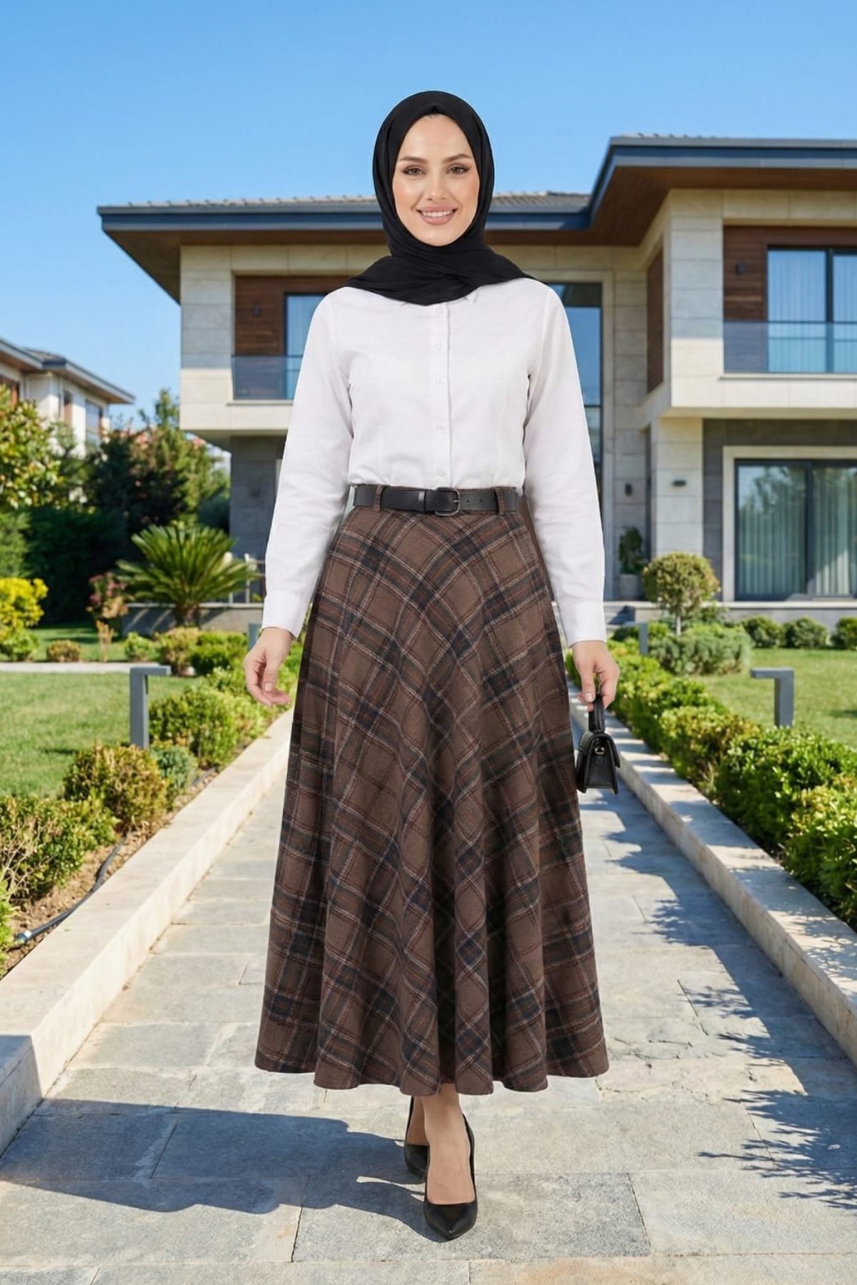Kadın Acı Kahve Desenli Kemerli Etek