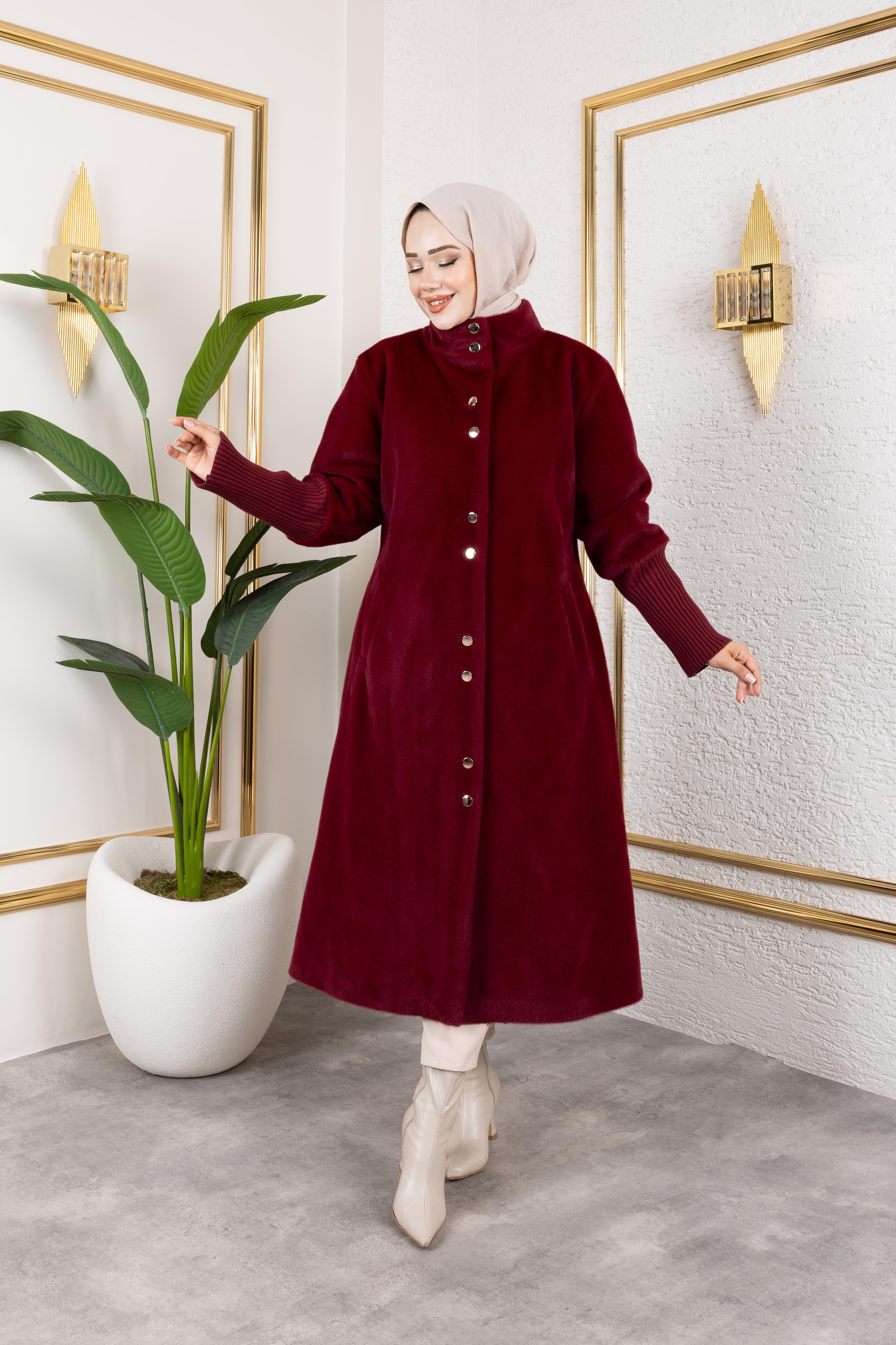 Kadın Astarlı Angora Düğmeli Bordo Kaban