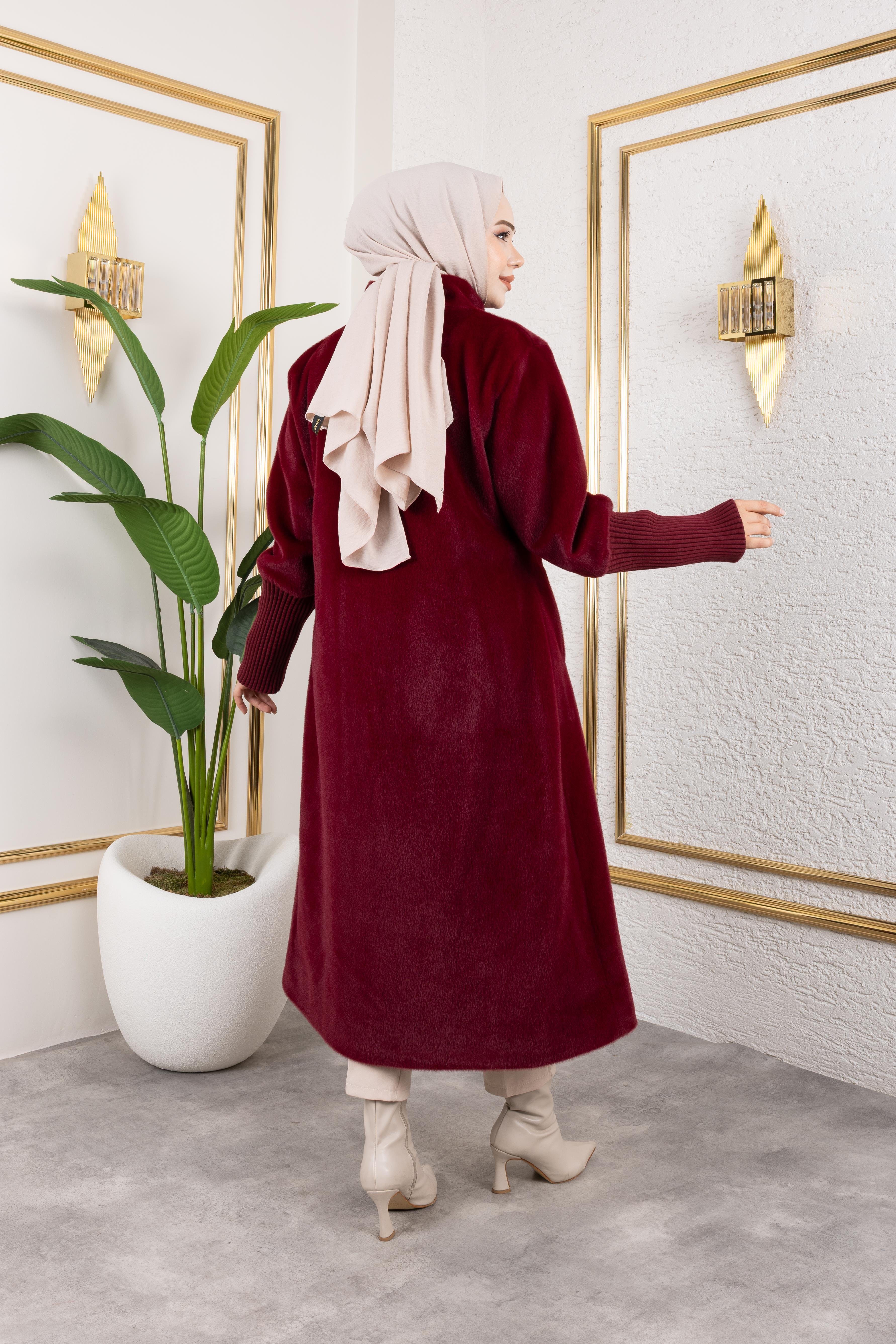 Kadın Astarlı Angora Düğmeli Bordo Kaban