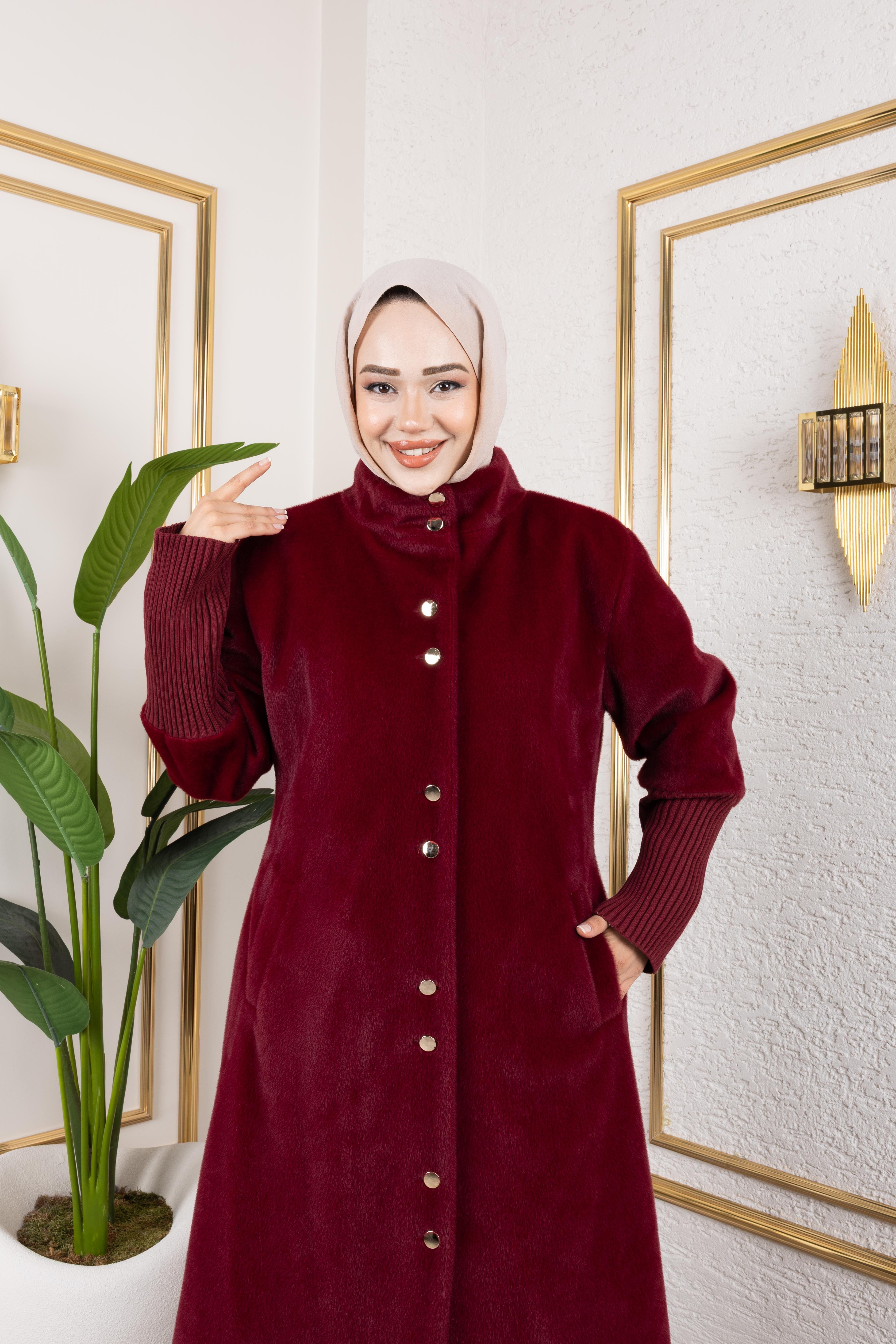 Kadın Astarlı Angora Düğmeli Bordo Kaban