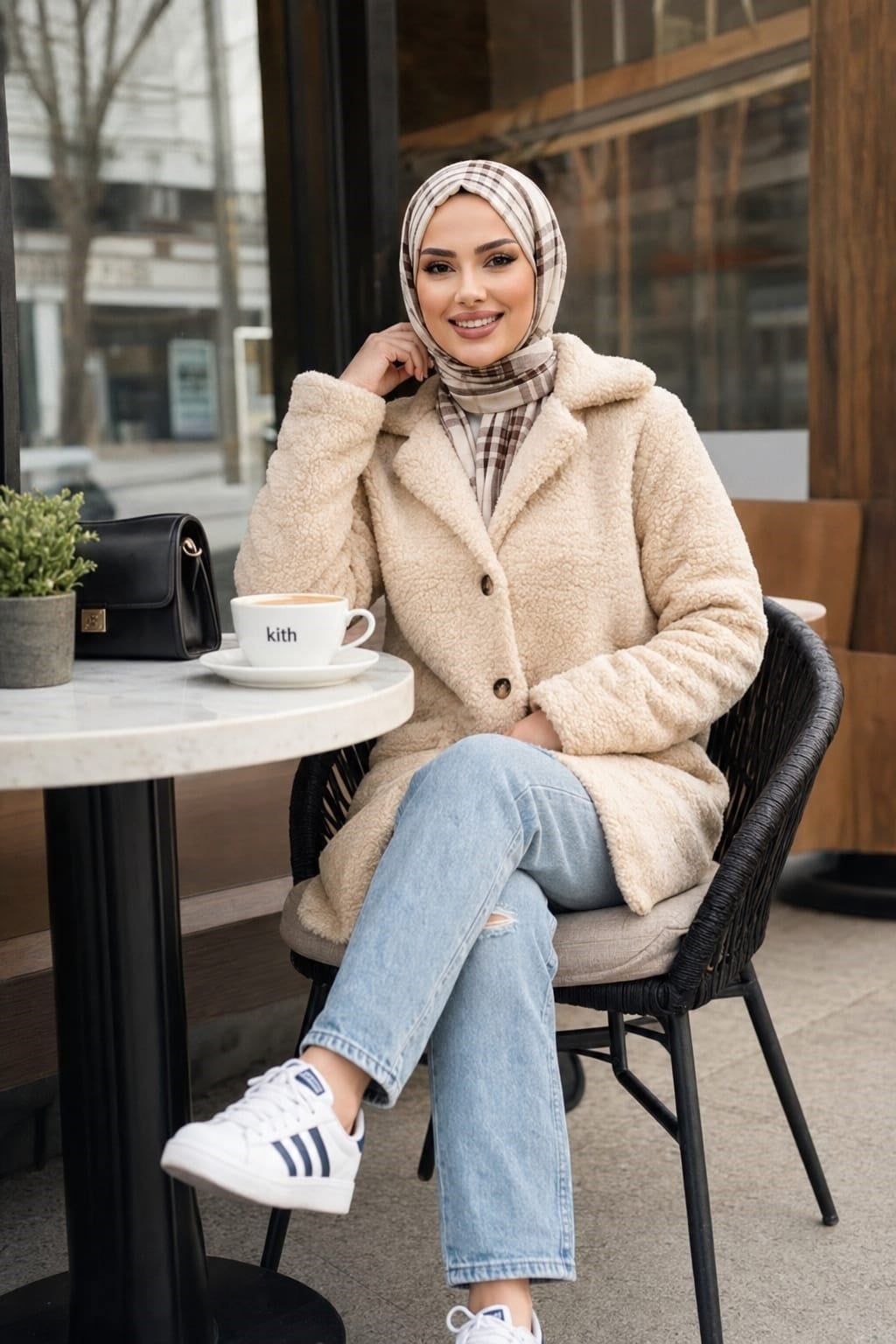 Kadın Astarlı Düğmeli Kruvaze  Bej Peluş Kaban