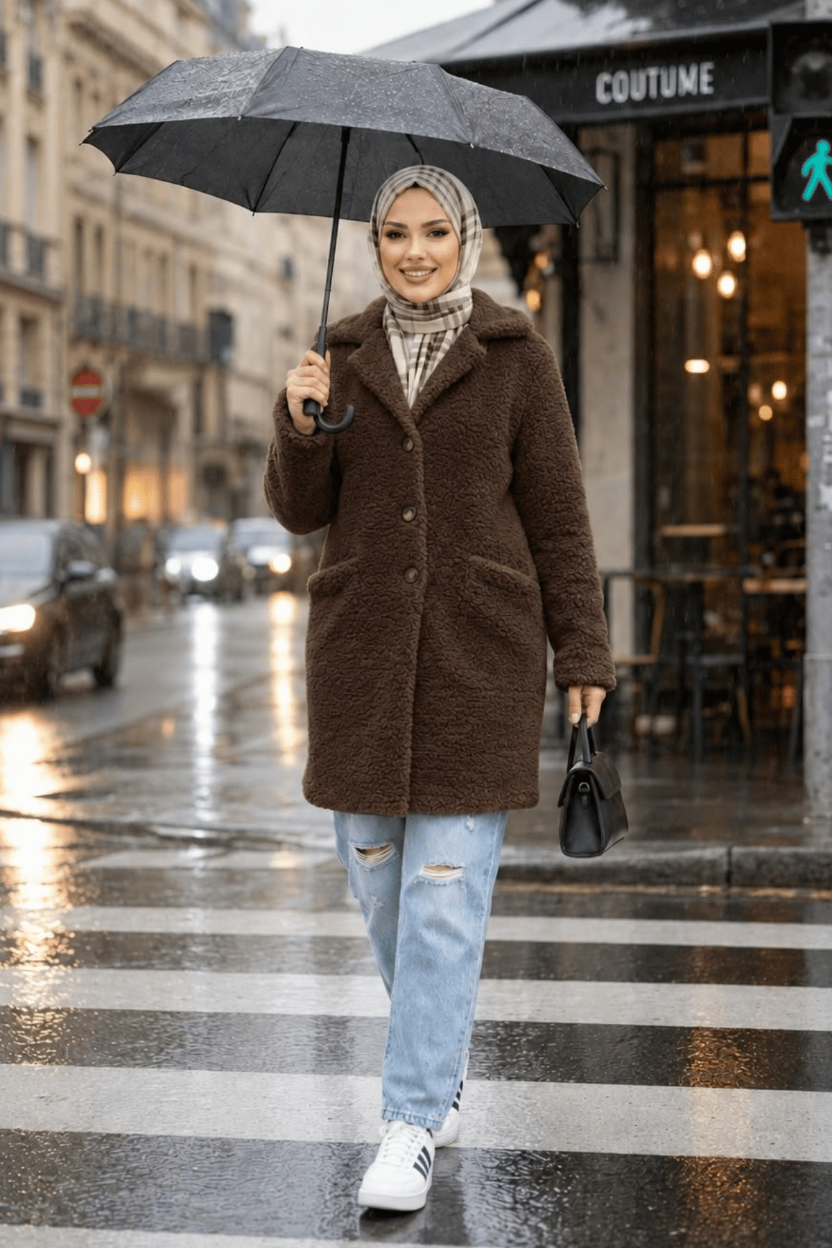 Kadın Astarlı Düğmeli Kruvaze  Kahverengi Peluş Kaban