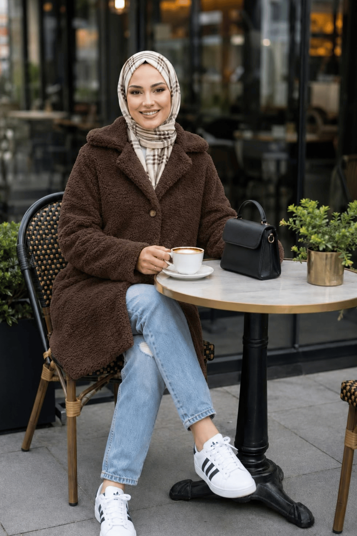 Kadın Astarlı Düğmeli Kruvaze  Kahverengi Peluş Kaban