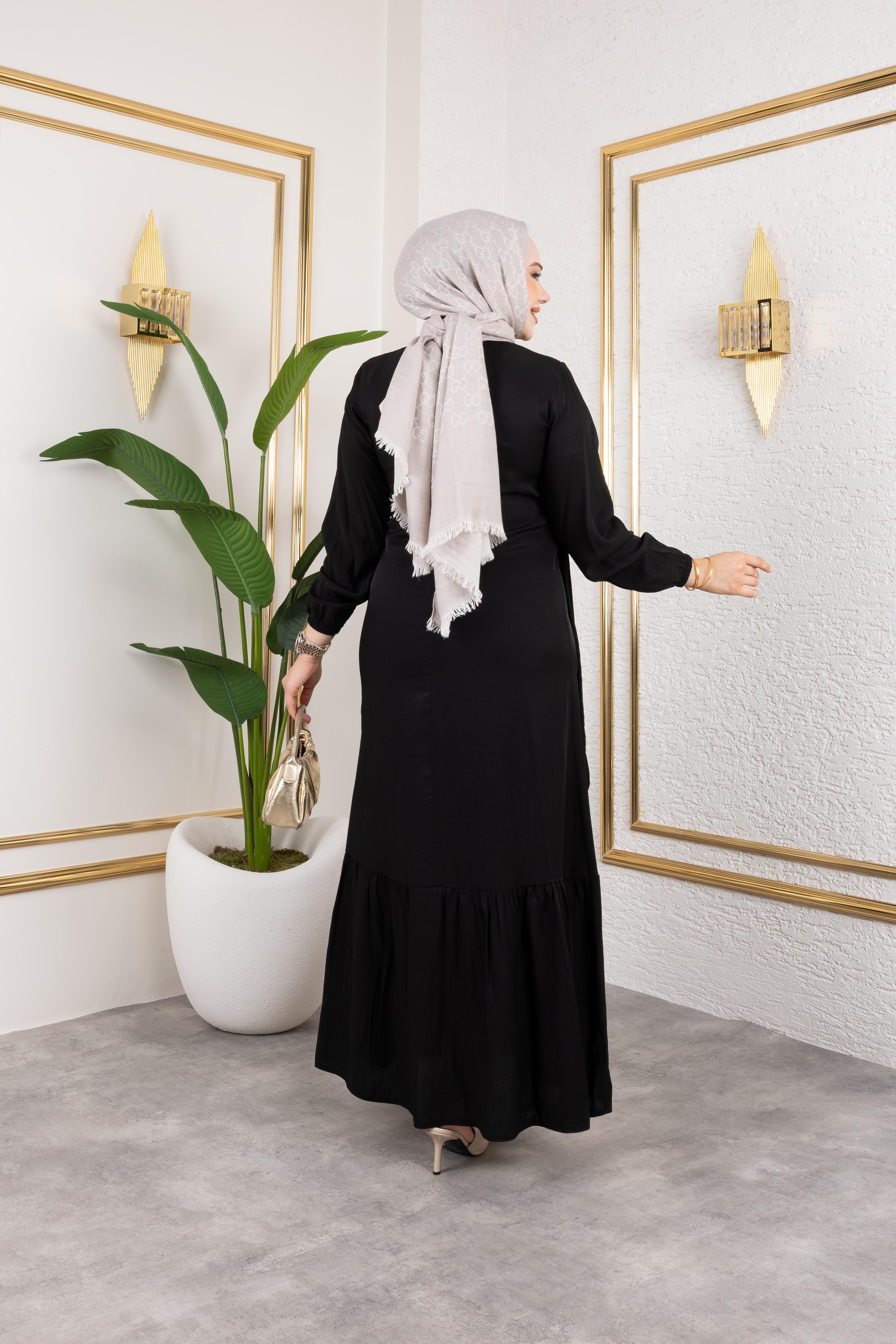 Kadın Bağlama Detaylı Çilek Kumaş Siyah Elbise