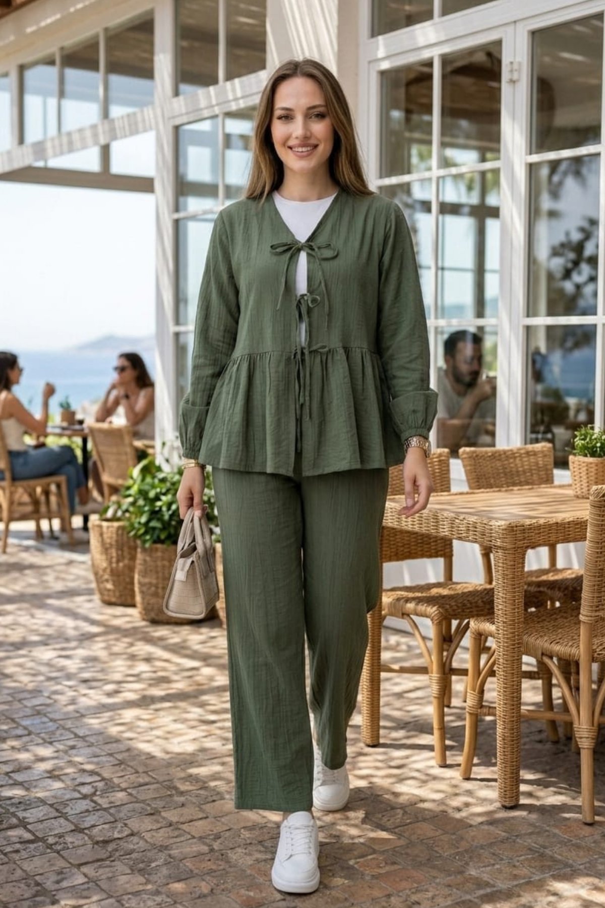 Kadın Bağlamalı Çilek Kumaş Haki Tunik Pantolon İkili Takım
