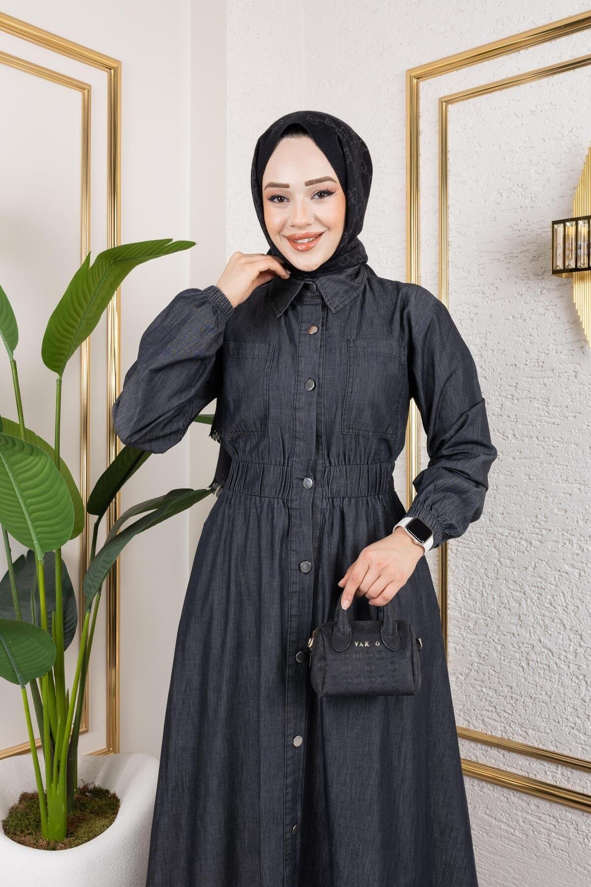 KADIN BELDEN LASTİKLİ CEP DETAYLI İNCE KOT ELBİSE