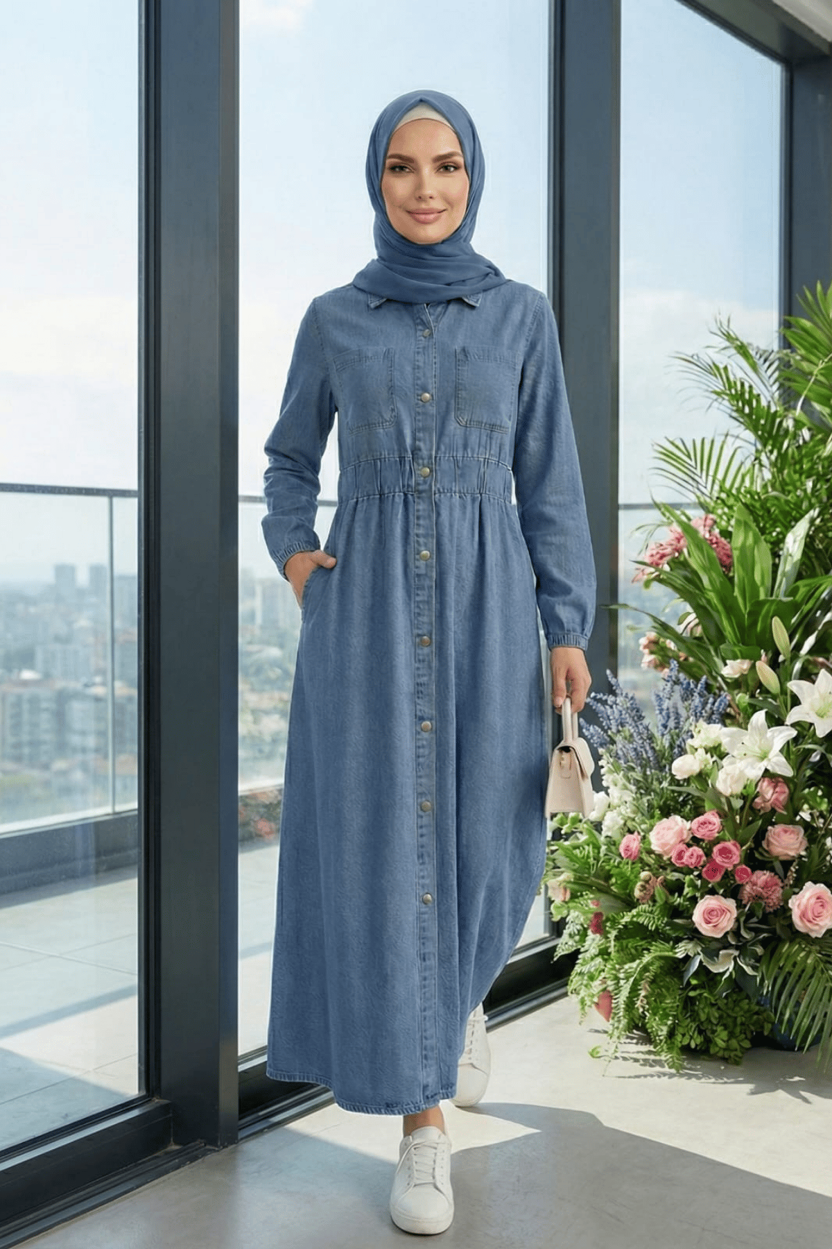 Kadın Belden Lastikli Cep Detaylı Koyu Denim Kot Mavi Elbise