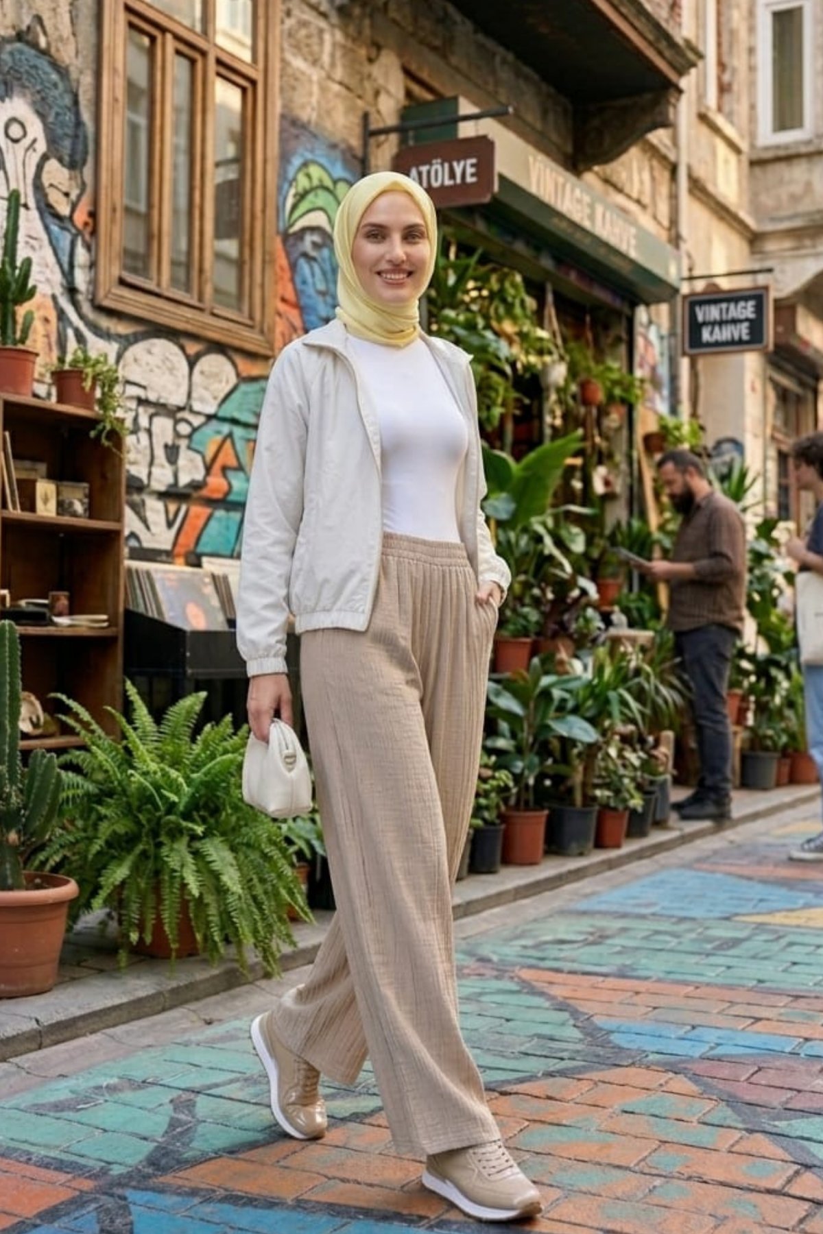 Kadın Beli Lastikli Çilek Kumaş Bej Salaş Pantolon