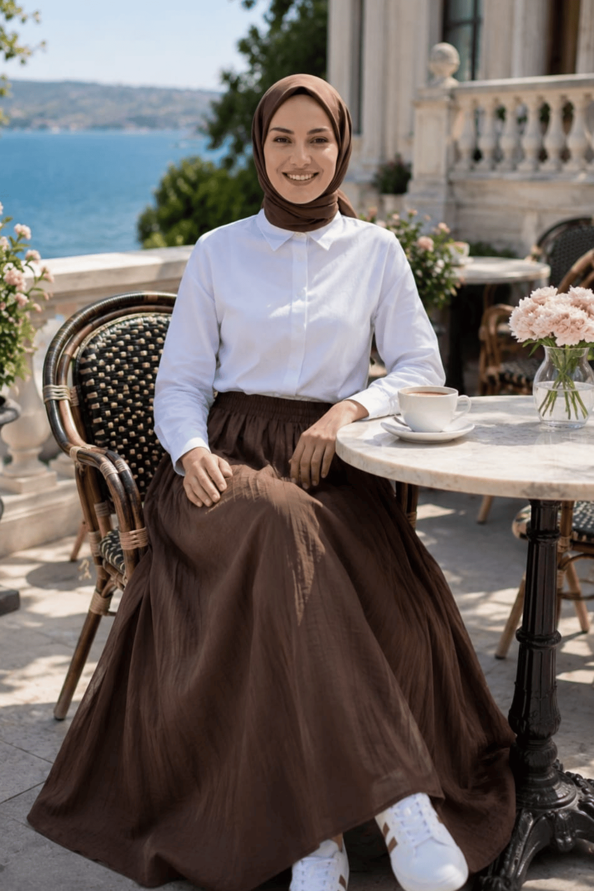 Kadın Beli Lastikli Çilek Kumaş Kahverengi Etek