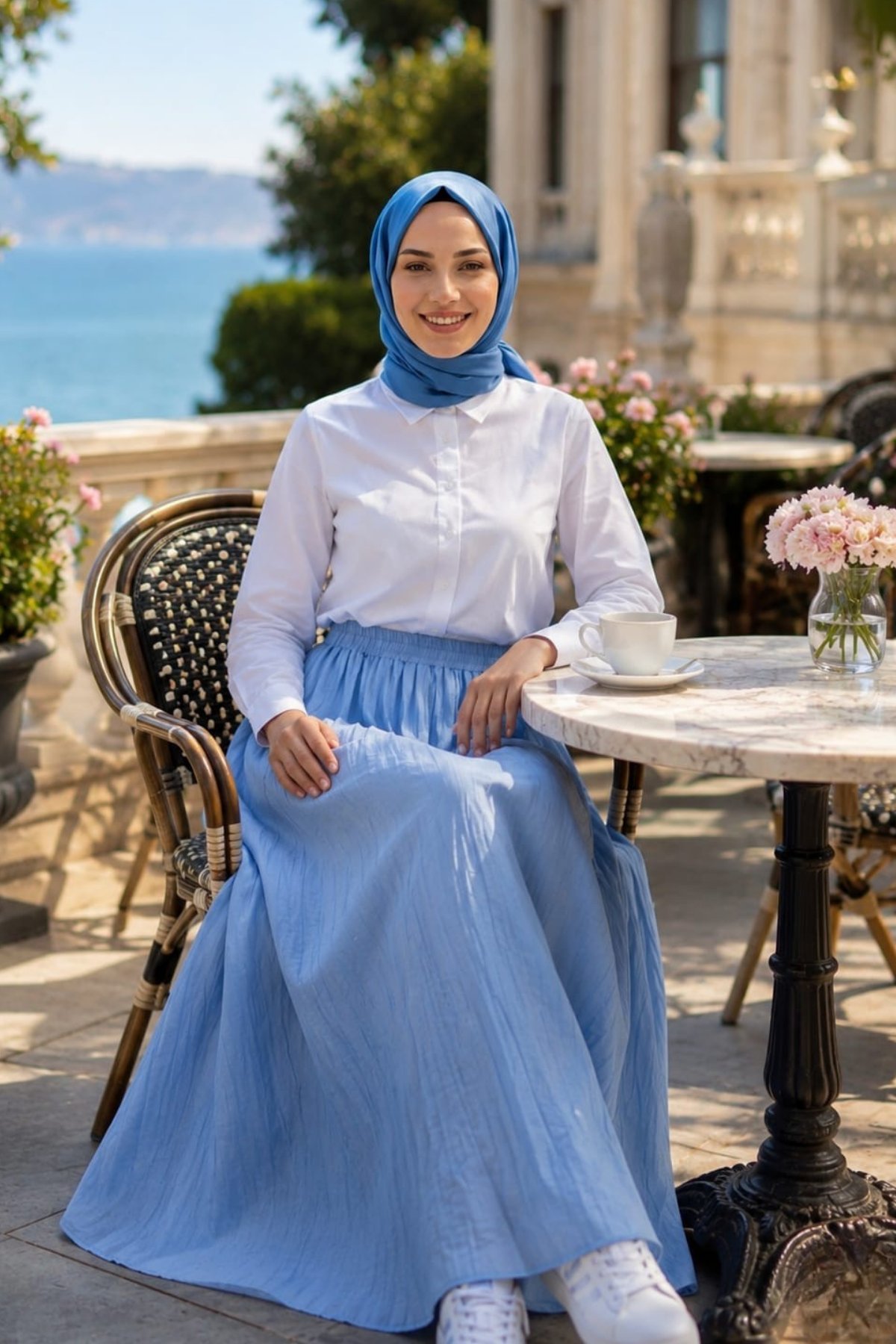 Kadın Beli Lastikli Çilek Kumaş Mavi Etek