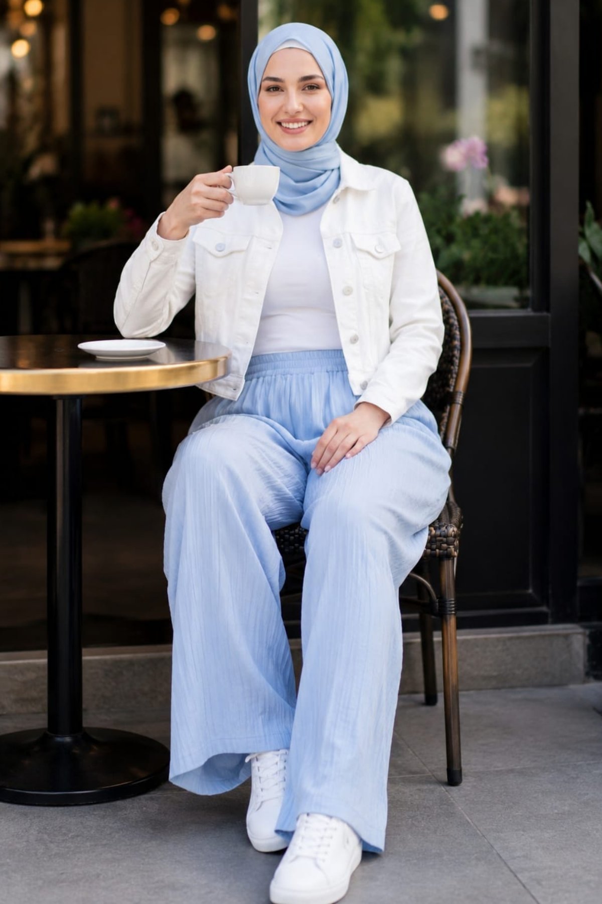 Kadın Beli Lastikli Çilek Kumaş Mavi Salaş Pantolon