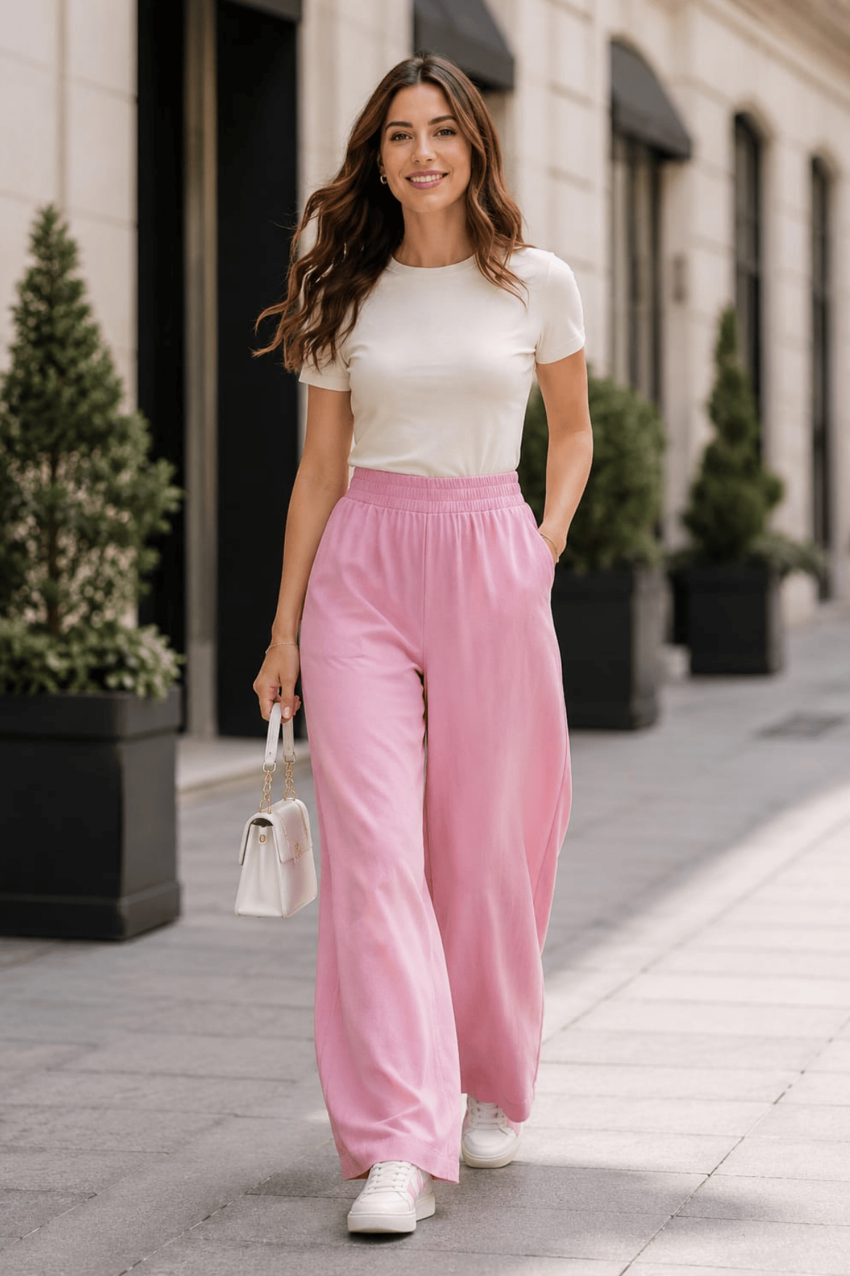 Kadın Beli Lastikli Çilek Kumaş Pembe Salaş Pantolon