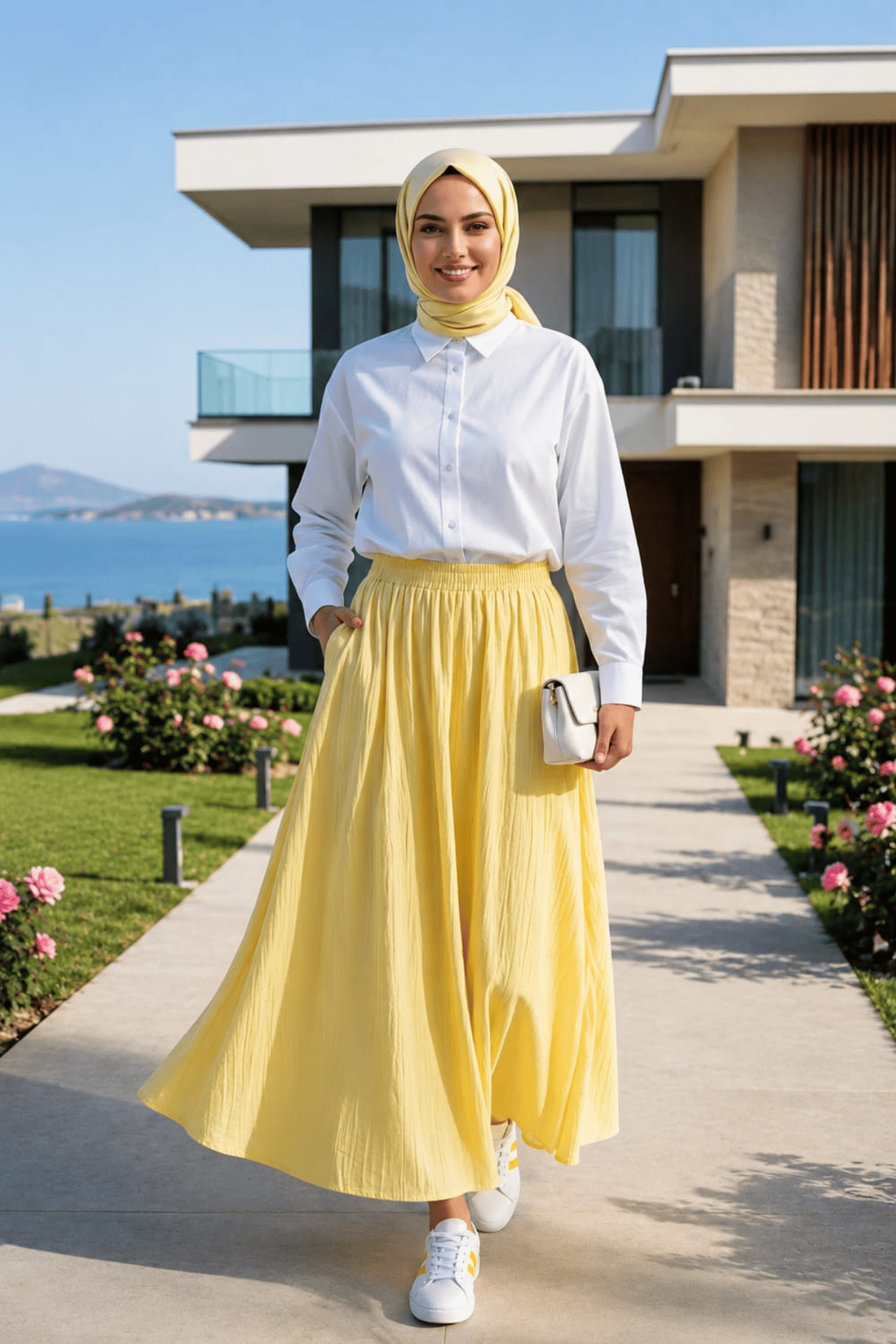 Kadın Beli Lastikli Çilek Kumaş Sarı Etek