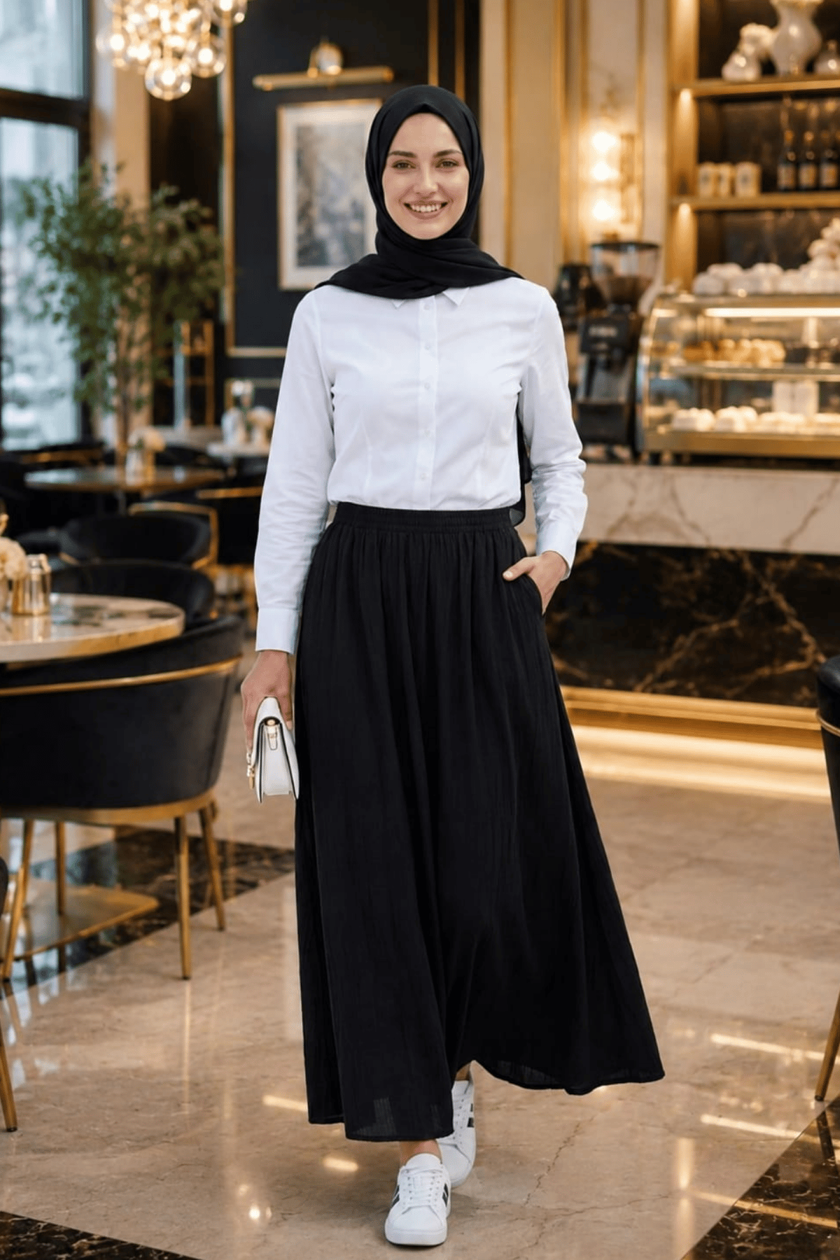 Kadın Beli Lastikli Çilek Kumaş Siyah Etek