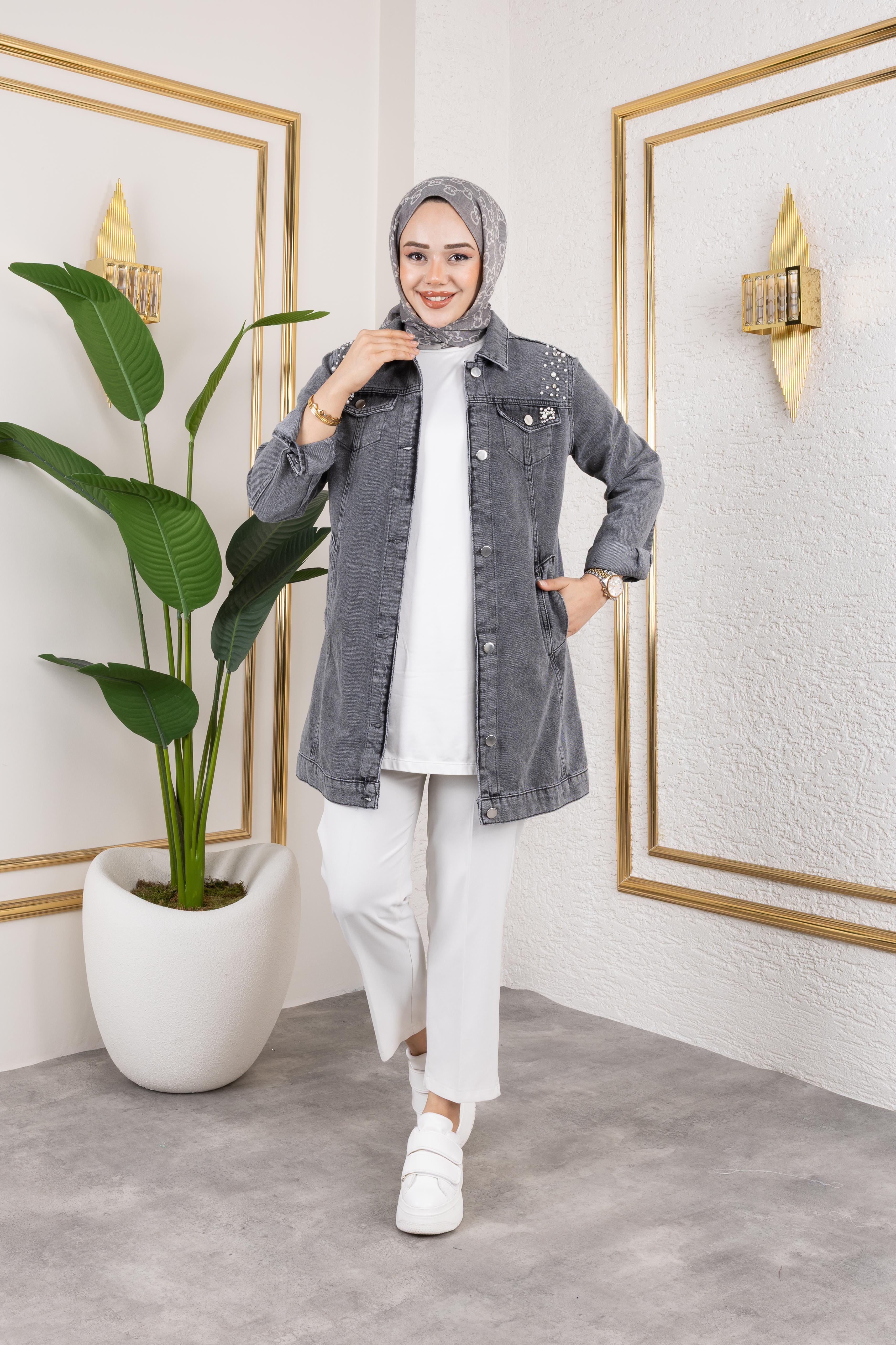 Kadın Boncuk İşlemeli Denim Kot Ceket