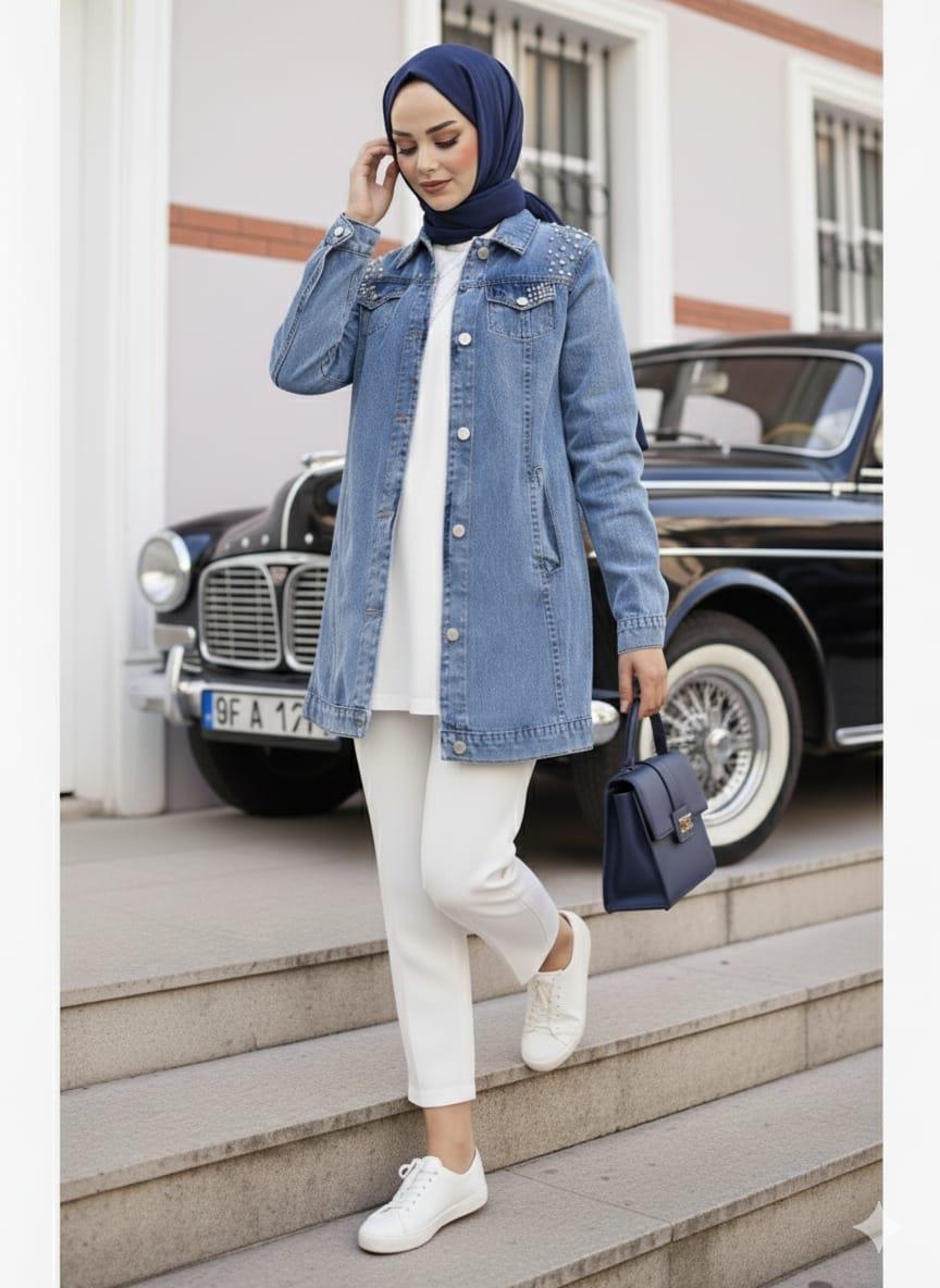 Kadın Boncuk İşlemeli Denim Kot Mavi Ceket