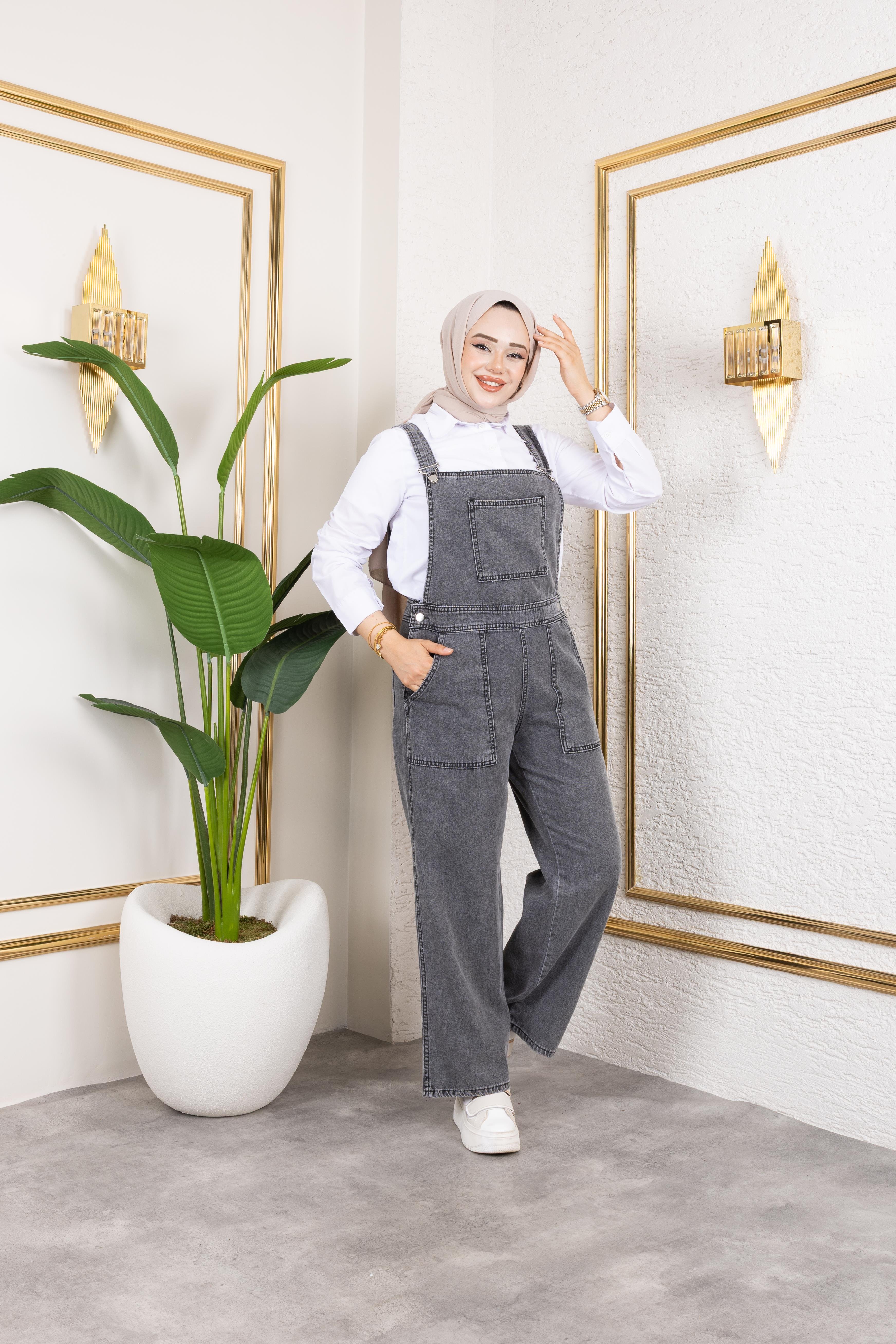 Kadın Cep Detaylı Askılı Gri Kot Tulum