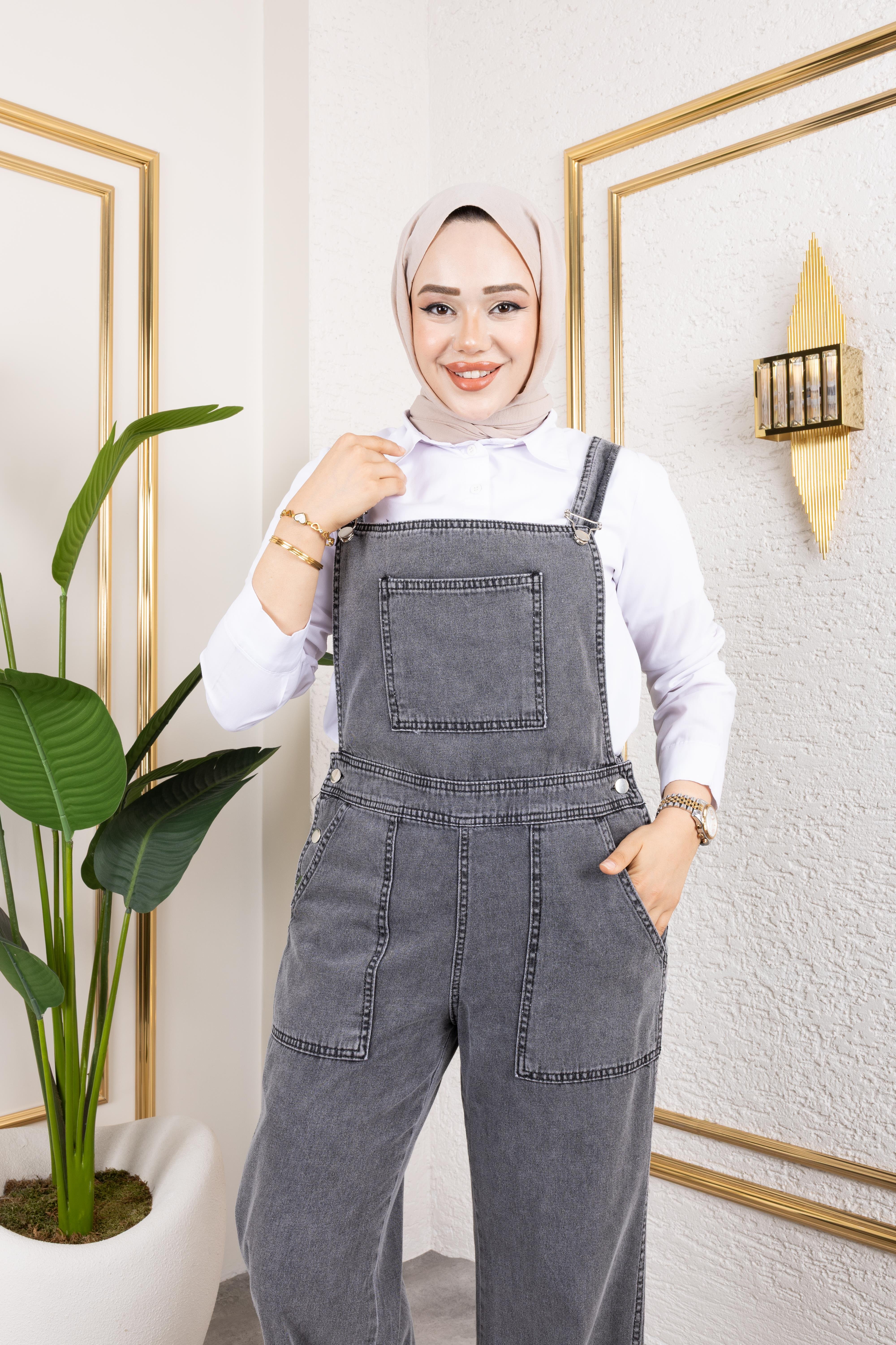 Kadın Cep Detaylı Askılı Gri Kot Tulum