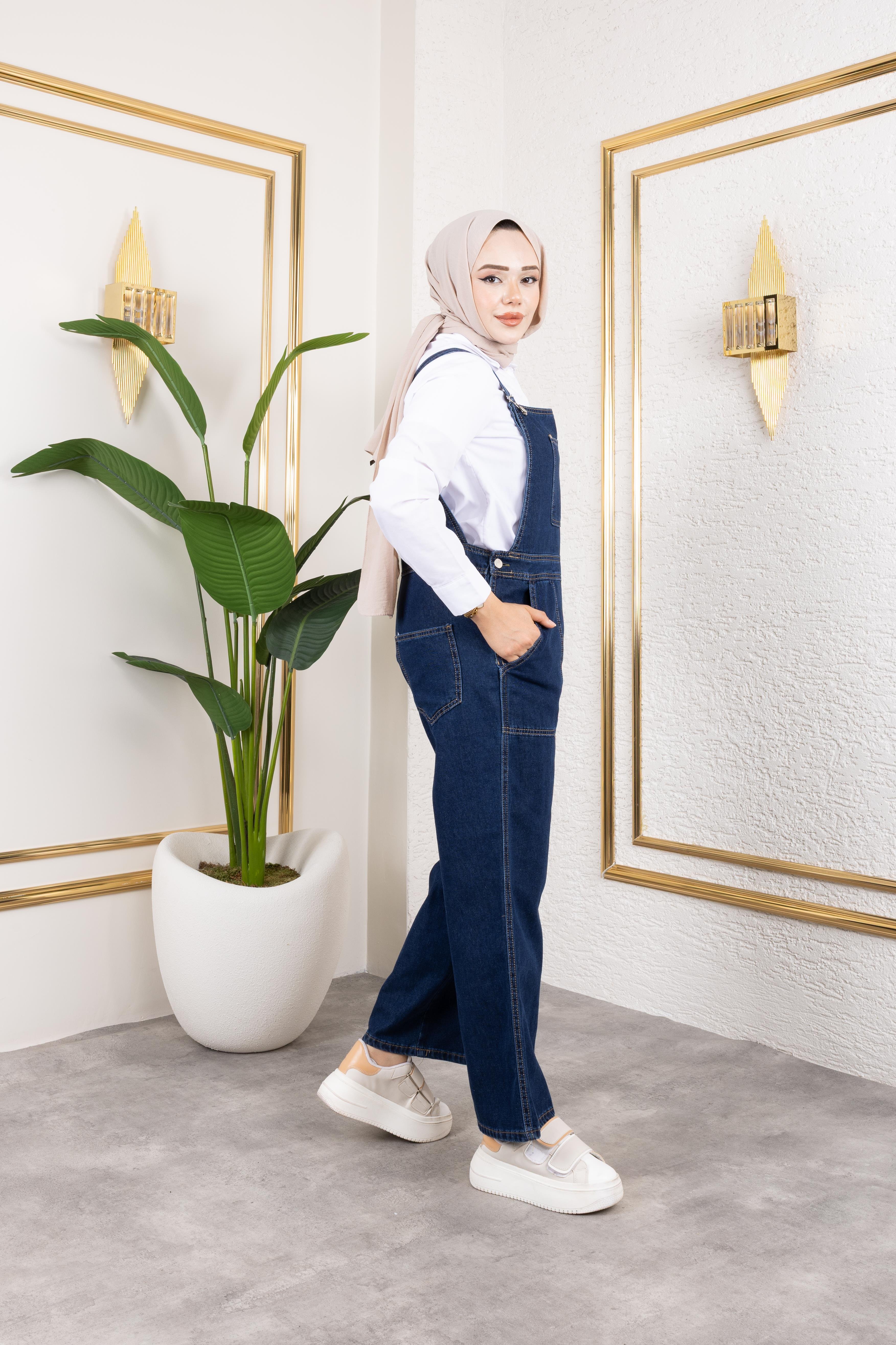 Kadın Cep Detaylı Askılı Lacivert Kot Tulum