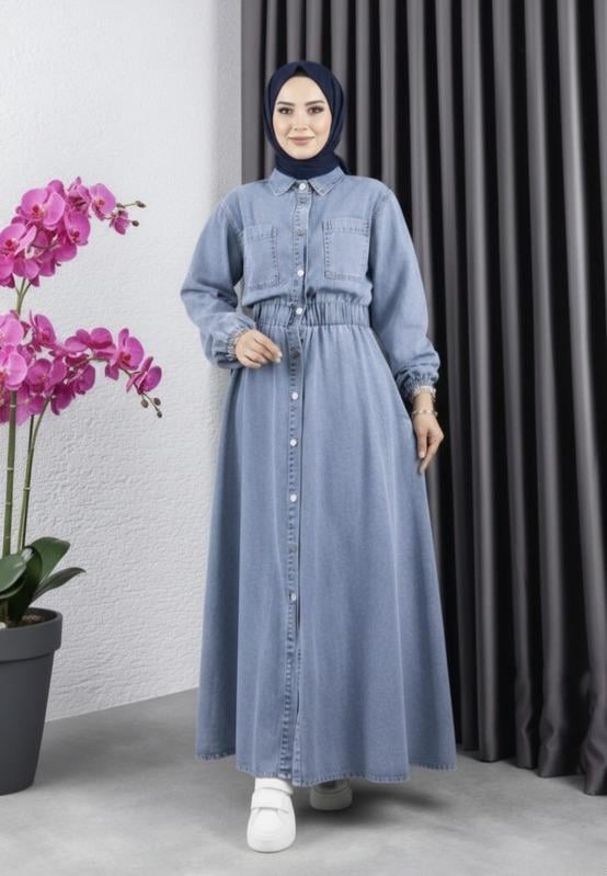 Kadın Cep Detaylı Belden Lastikli Denim Kot Mavi Elbise