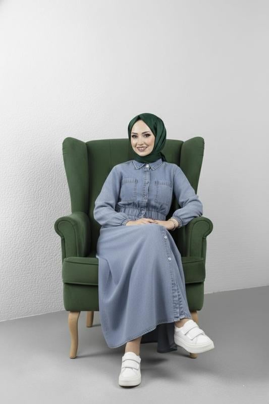 Kadın Cep Detaylı Belden Lastikli Denim Kot Mavi Elbise