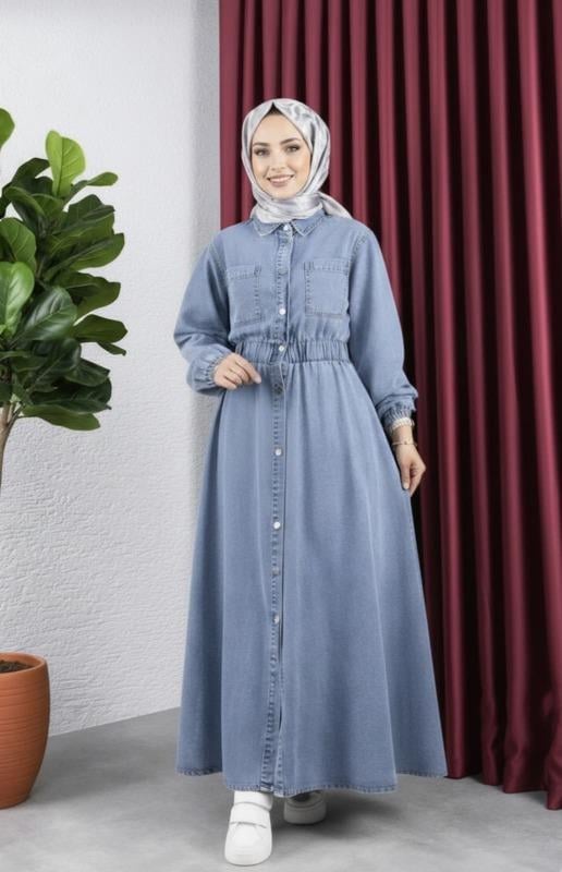 Kadın Cep Detaylı Belden Lastikli Denim Kot Mavi Elbise