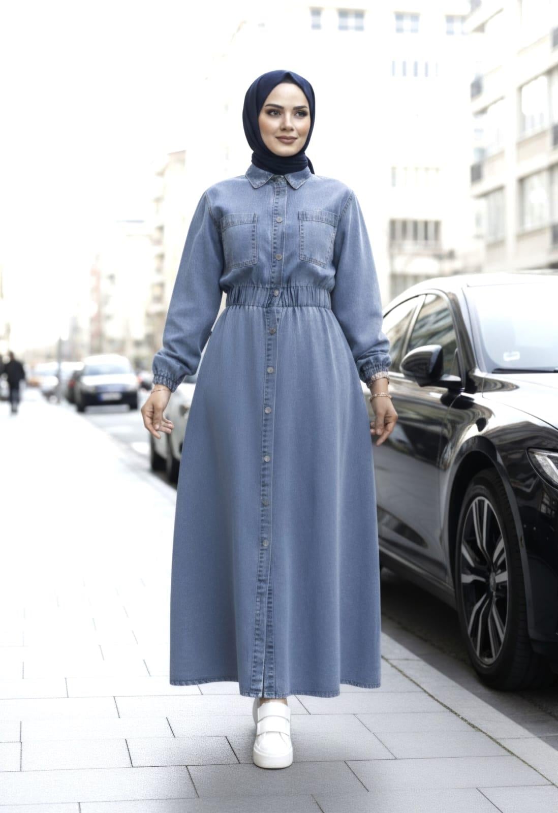 Kadın Cep Detaylı Belden Lastikli Denim Kot Mavi Elbise