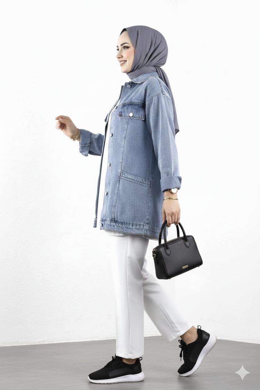 Kadın Cep Detaylı Denim Kot Mavi Ceket