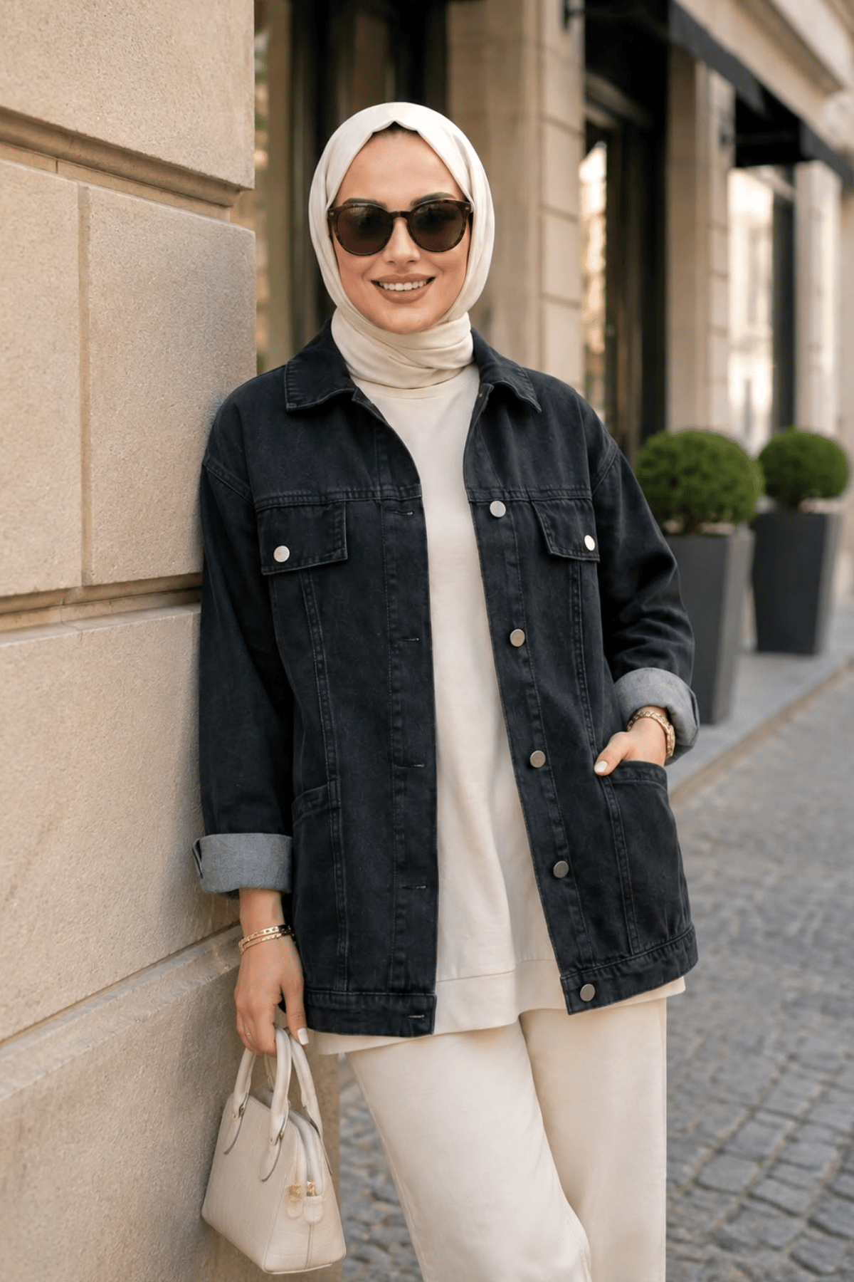 Kadın Cep Detaylı Denim Kot Siyah Ceket