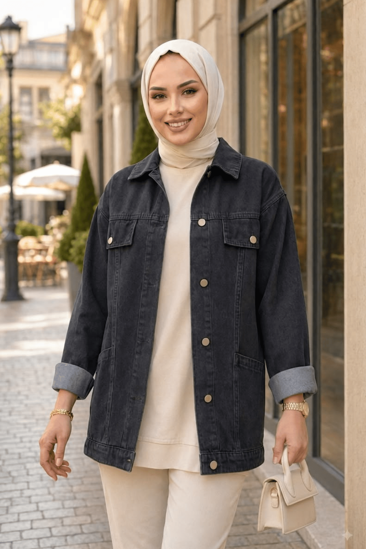 Kadın Cep Detaylı Denim Kot Siyah Ceket
