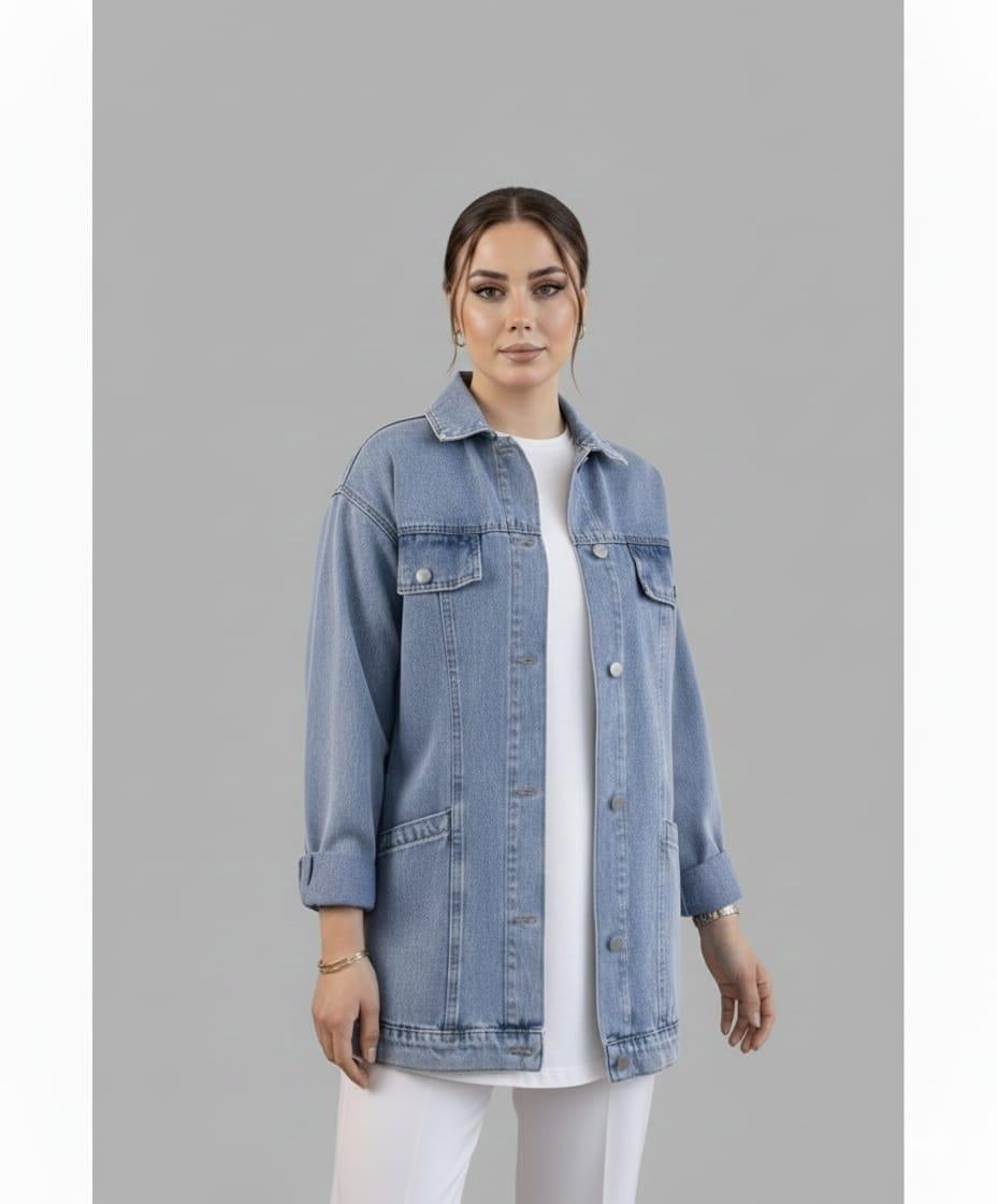 Kadın Cep Detaylı Denim Mavi Kot Ceket