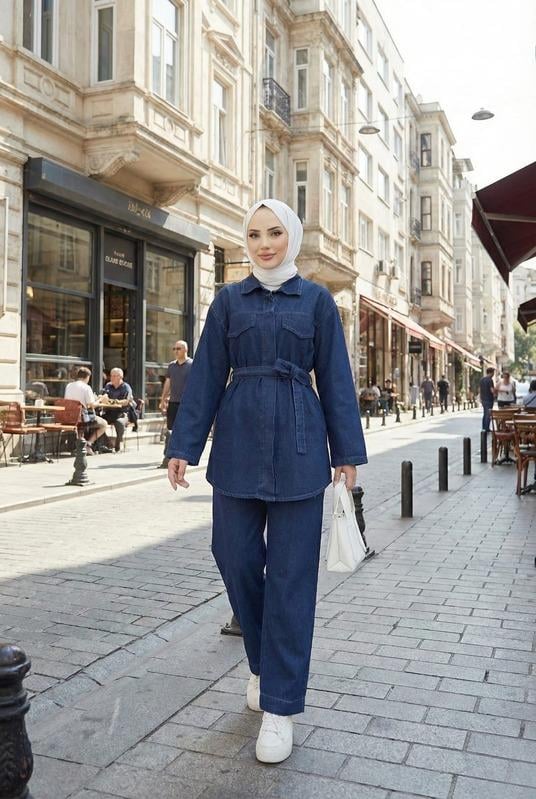 Kadın Cep Detaylı, Düğmeli ve Kuşaklı Lacivert İkili Takım