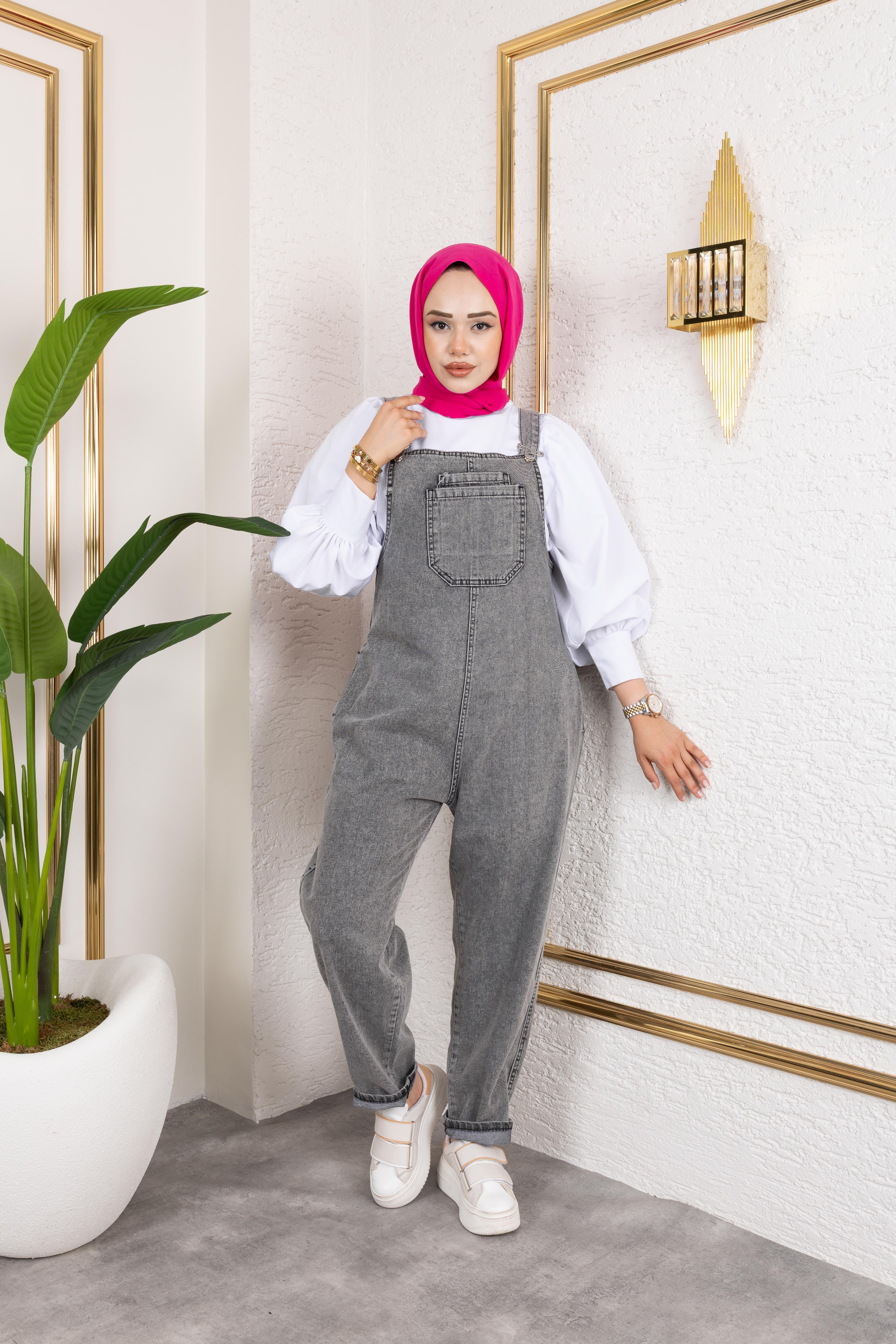 Kadın Cepli Askılı Gri Kot Tulum