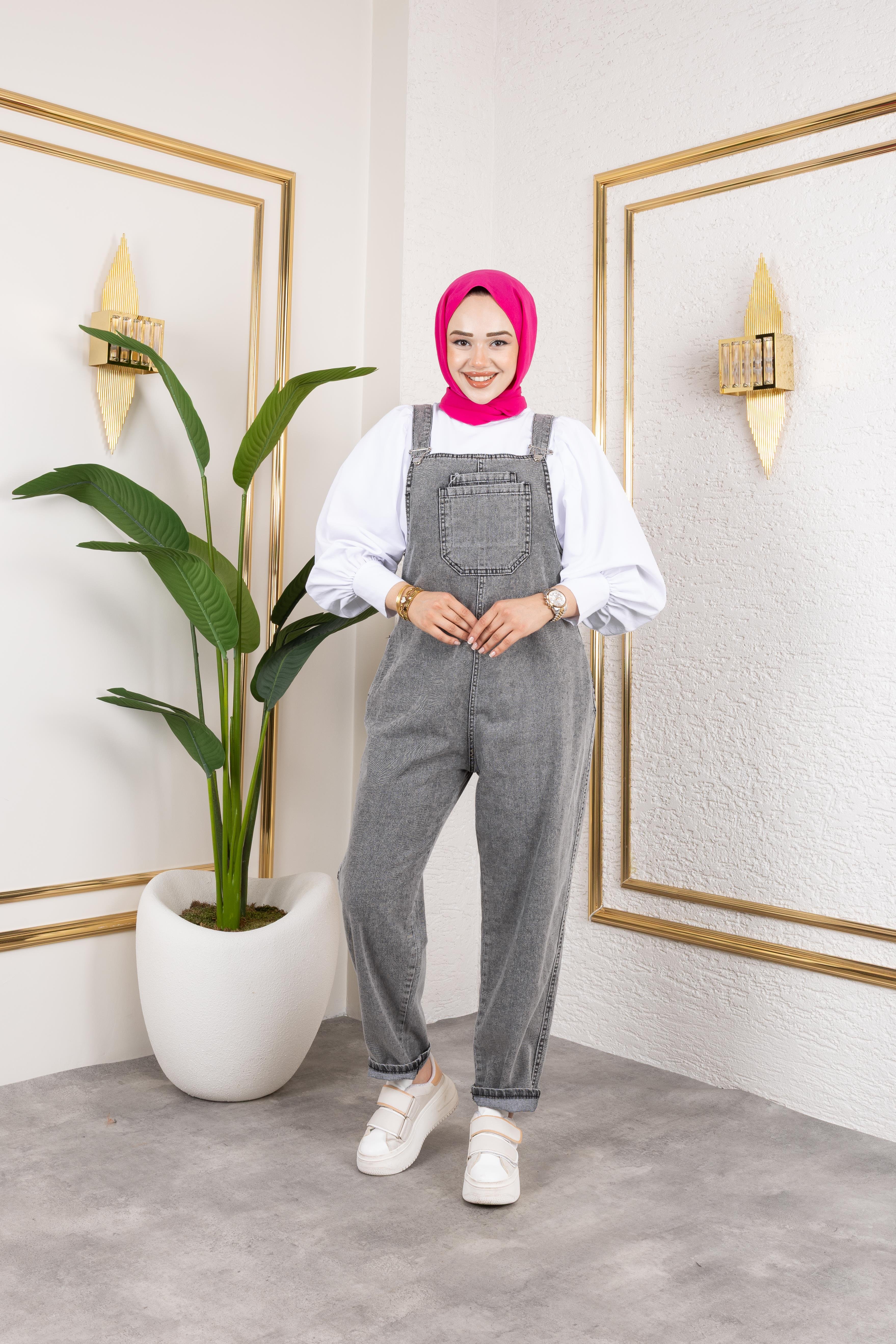 Kadın Cepli Askılı Gri Kot Tulum