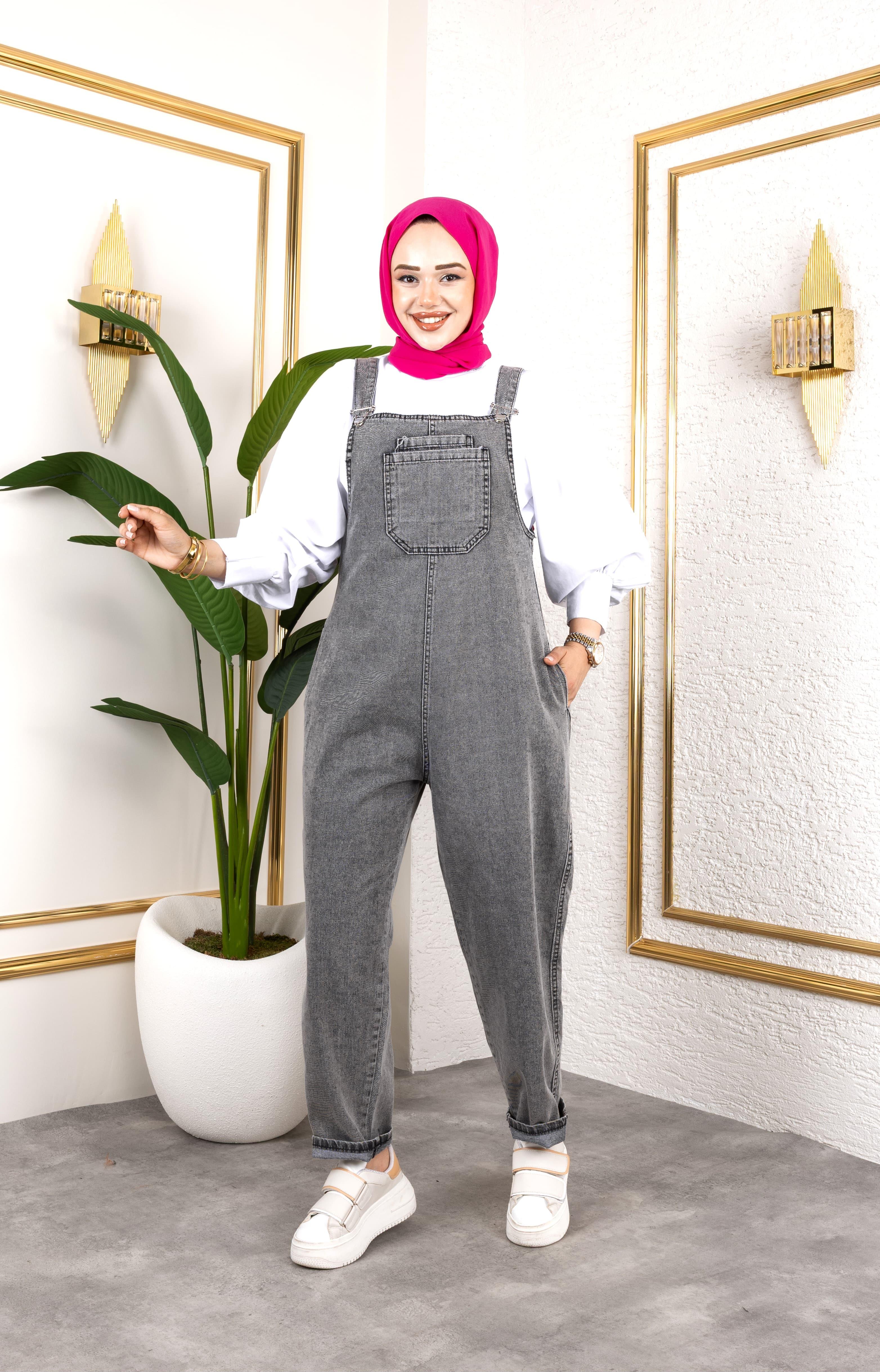 Kadın Cepli Askılı Gri Kot Tulum