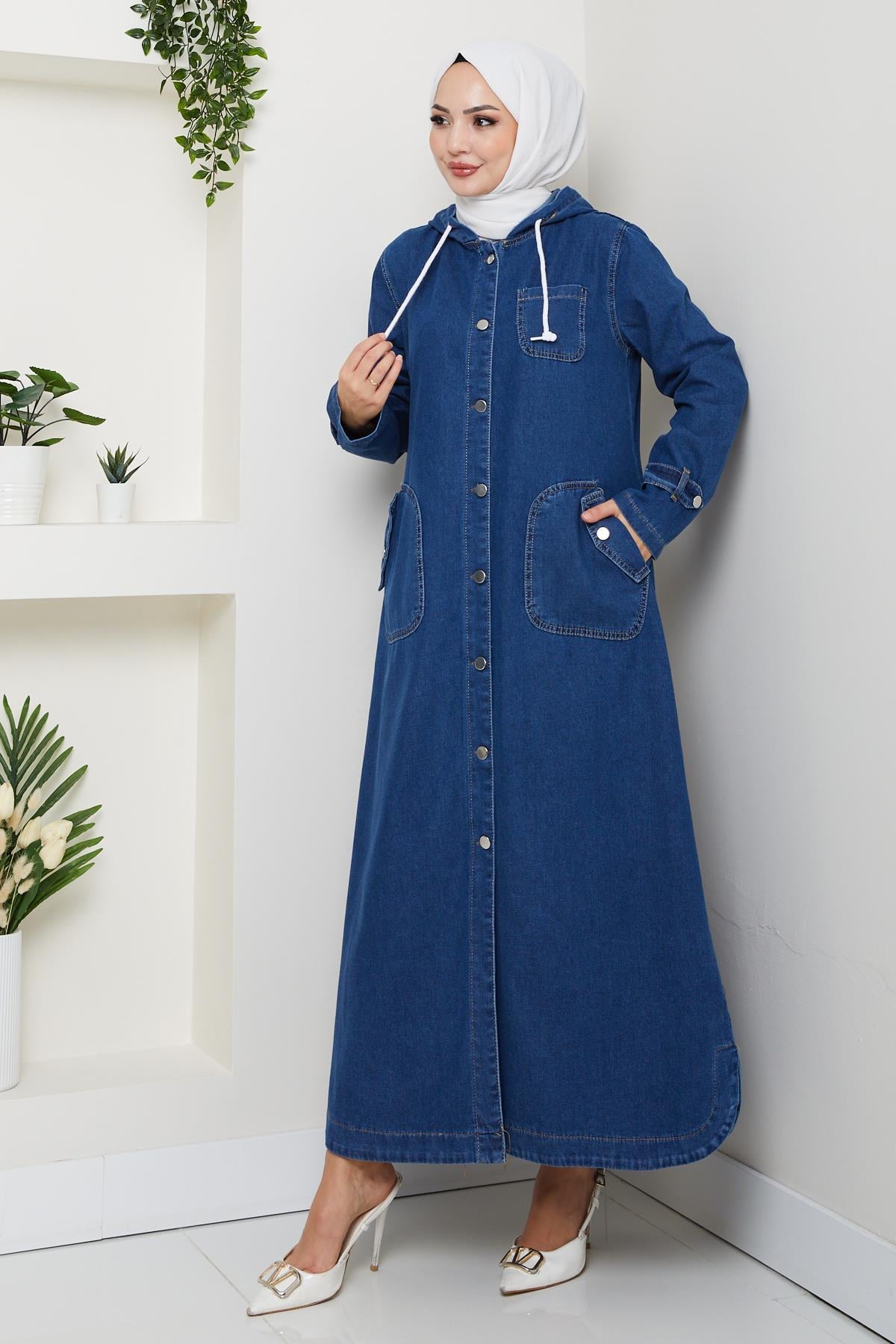 Kadın Cepli Düğmeli Kapüşonlu Denim Koyu Mavi Trençkot