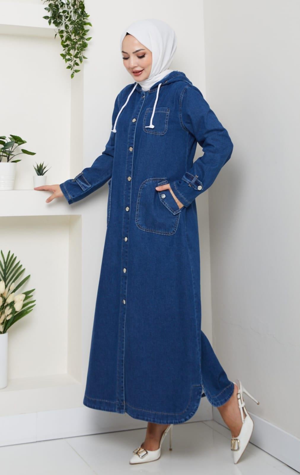 Kadın Cepli Düğmeli Kapüşonlu Denim Koyu Mavi Trençkot