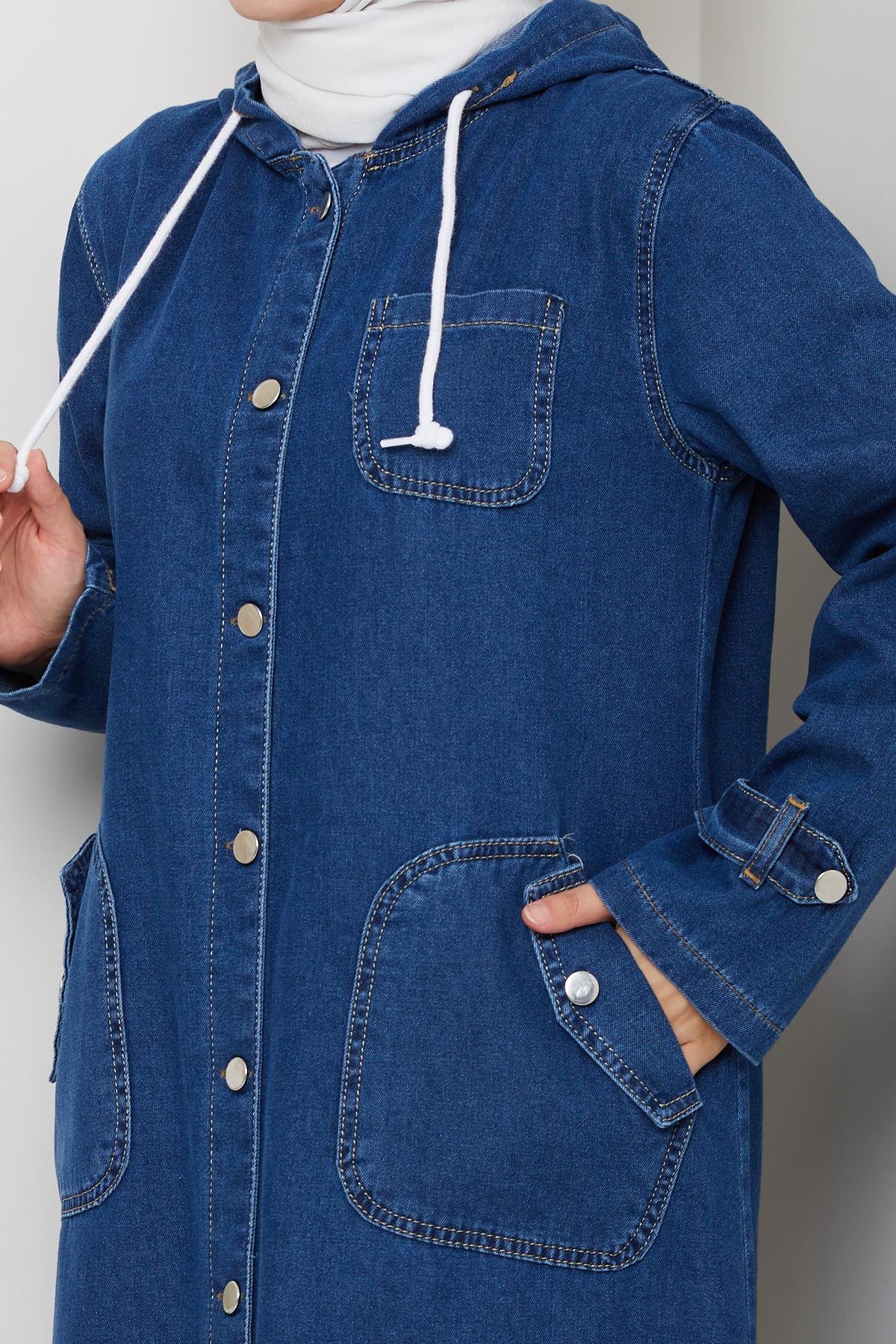 Kadın Cepli Düğmeli Kapüşonlu Denim Koyu Mavi Trençkot