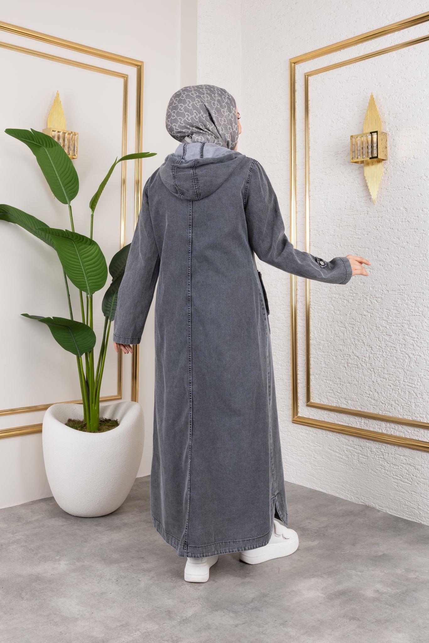 Kadın Cepli Düğmeli Kapüşonlu Denim Kot Trençkot