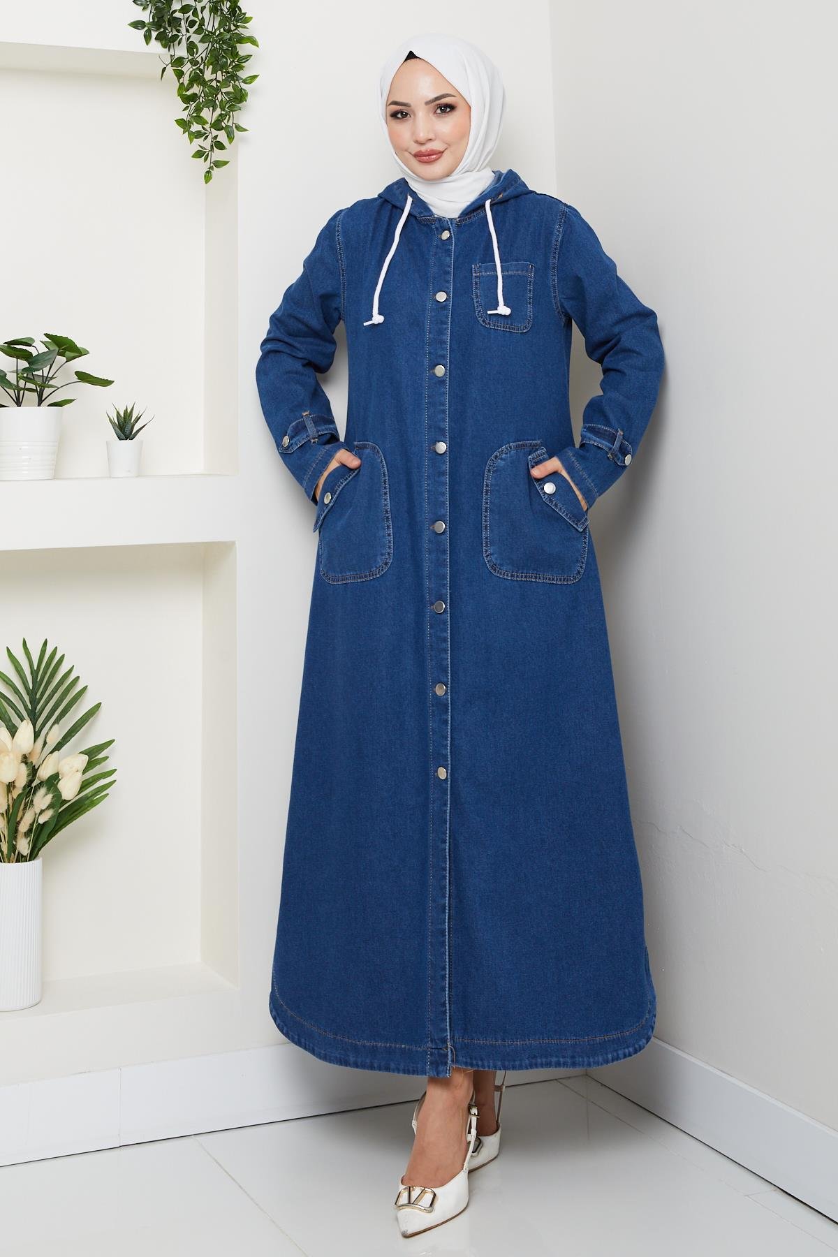 Kadın Cepli Düğmeli Kapüşonlu Denim Koyu Mavi Trençkot