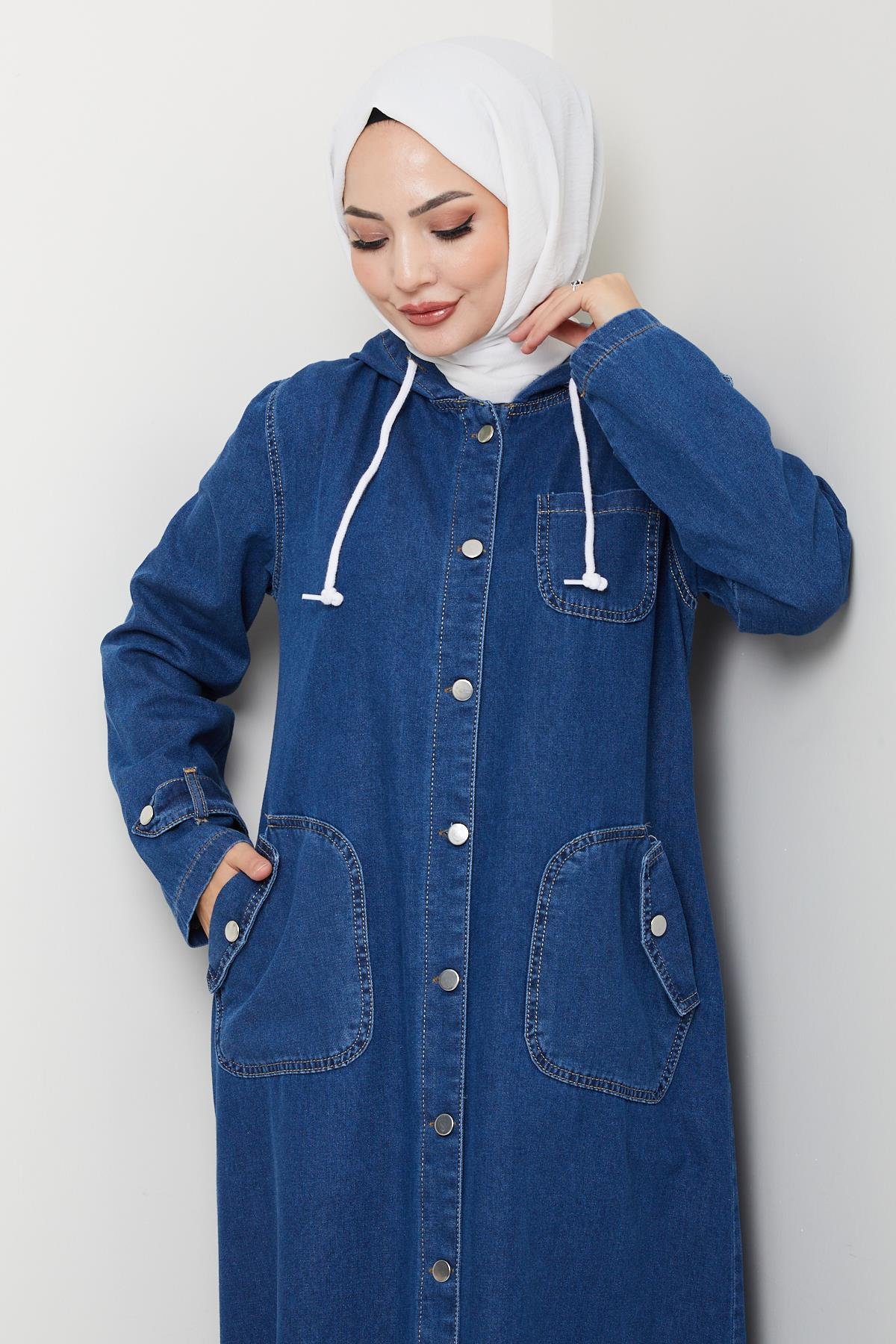 Kadın Cepli Düğmeli Kapüşonlu Denim Koyu Mavi Trençkot
