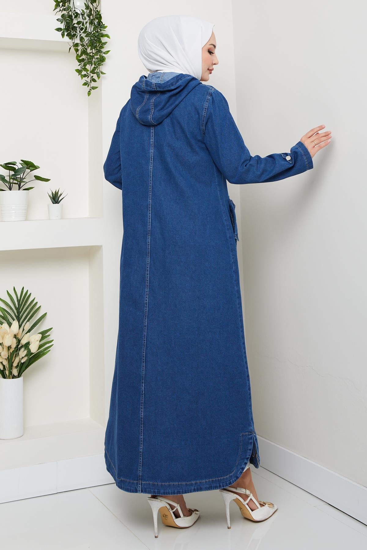 Kadın Cepli Düğmeli Kapüşonlu Denim Koyu Mavi Trençkot